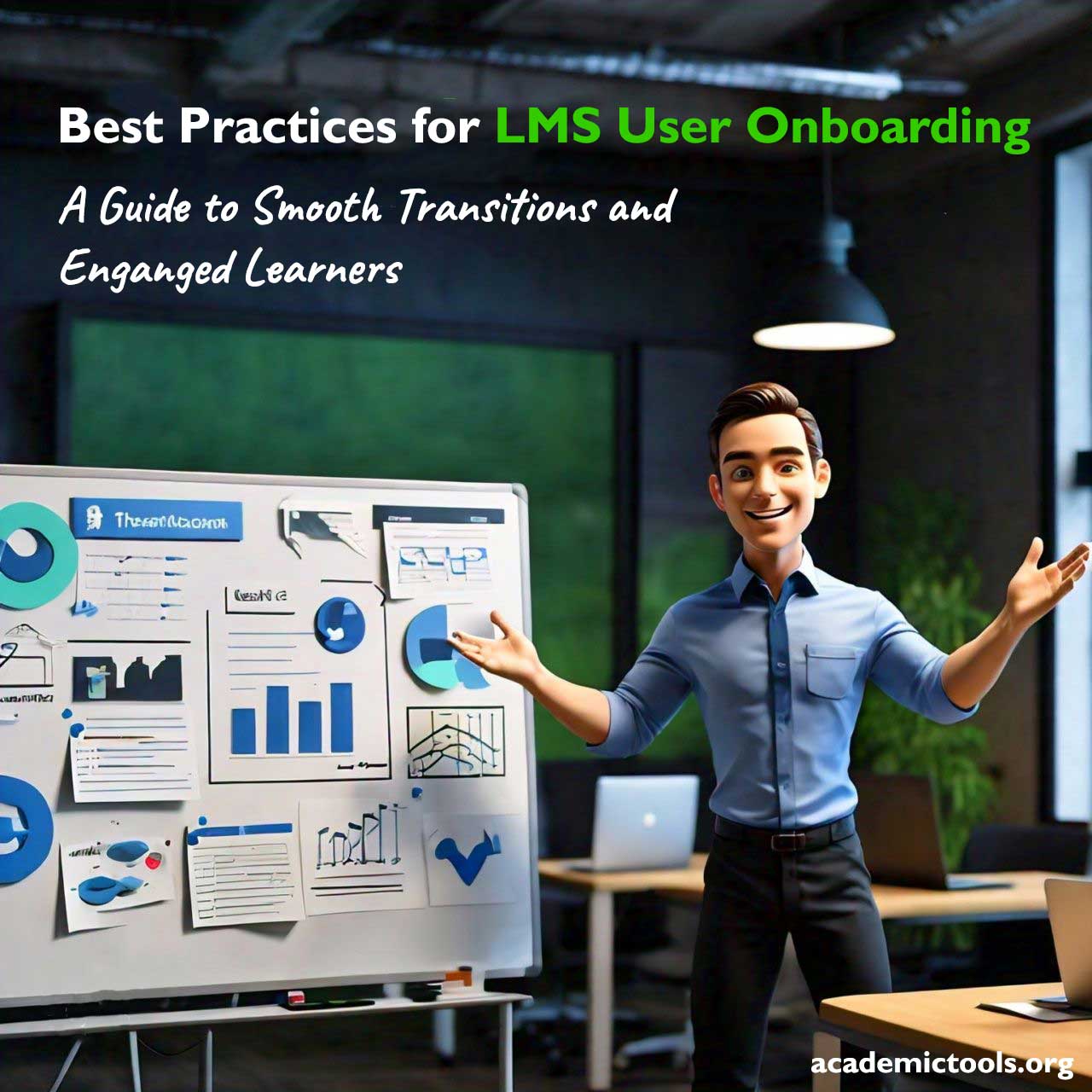 An individual with their face obscured by a brown rectangle stands in front of a whiteboard, presenting information titled “Best Practices for LMS User Onboarding - A Guide to Smooth Transitions and Engaged Learners.” The whiteboard contains various elements such as text, charts, bullet points, and images related to the topic. The setting appears to be a modern office or classroom environment. The website “academictools.org” is visible at the bottom of the image. The image shows a presentation about effective strategies for onboarding users on a Learning Management System (LMS), emphasizing smooth transitions and learner engagement. This setting underscores the importance of user experience in educational technology.