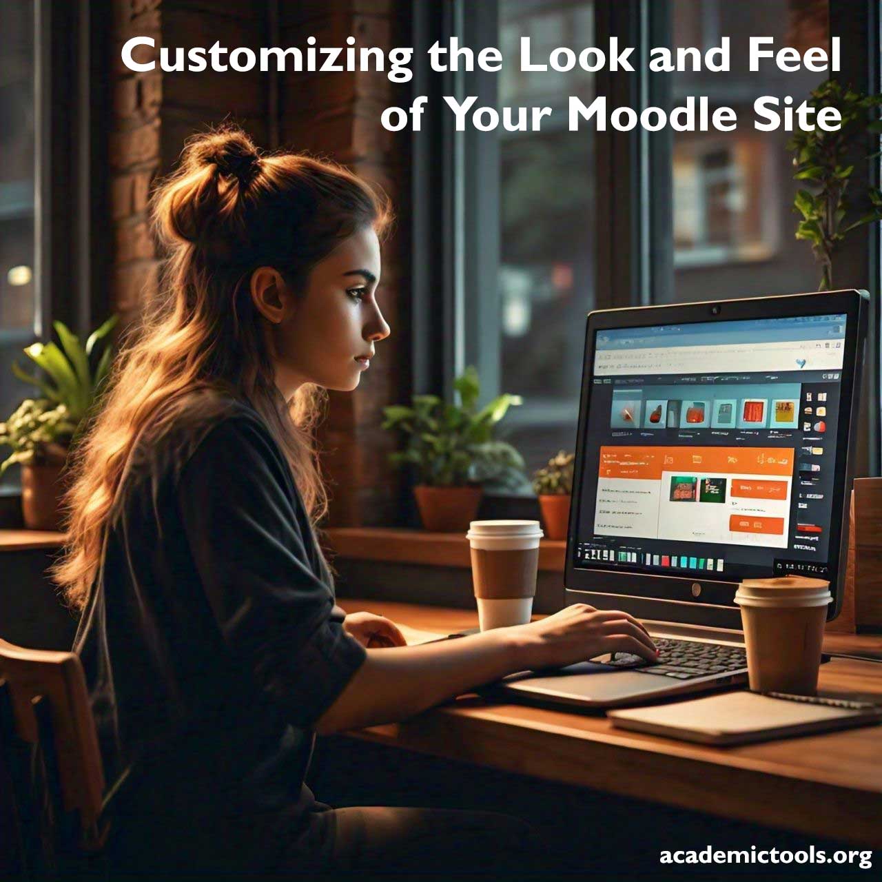 A woman is sitting at a wooden table in a cozy café with large windows. They are working on a laptop that displays a webpage titled “Customizing the Look and Feel of Your Moodle Site” from academictools.org. Two coffee cups are also present on the table. The image conveys a sense of someone working or studying in a comfortable environment, possibly enhancing their learning management system. This scene highlights the theme of personalizing an educational platform, which could be relevant for educators or students interested in e-learning environments.