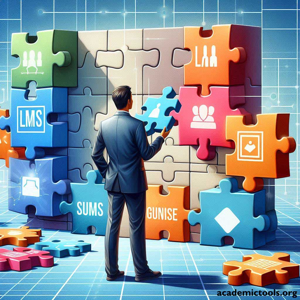 A digital illustration of a person in a suit placing a puzzle piece into a large, nearly completed wall puzzle. The puzzle pieces are colorful and each contains different icons such as a light bulb, gears, a graph, and various symbols representing learning management systems (LMS), sums, and customization options. Some pieces are already in place on the wall while others are scattered on the floor. The background features a grid pattern suggesting a digital interface or virtual space. The image conveys the concept of assembling elements of knowledge or technology to complete an educational or organizational system.