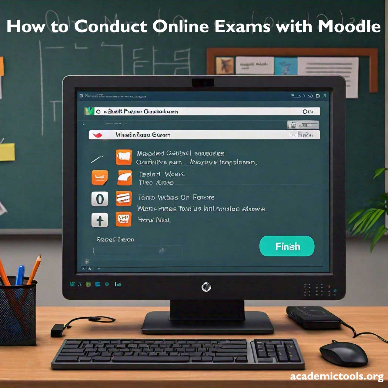 A computer monitor on a desk in a classroom setting, displaying an interface titled “How to Conduct Online Exams with Moodle.” The screen shows various icons and options such as “Dashboard,” “Site home,” and “Calendar.” Sections labeled “William Test Student” indicate status updates like “Quiz: Attempt quiz now,” with corresponding buttons. Stationery items are present on the desk. The image suggests an educational context where Moodle, an online learning platform, is being used for conducting exams