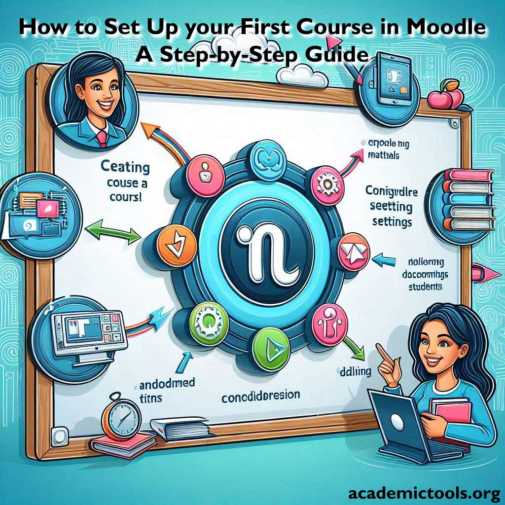 An illustrated guide titled “How to Set Up your First Course in Moodle - A Step-by-Step Guide” is displayed on a tablet screen. The screen shows various colorful icons representing different steps and tools associated with setting up a course on Moodle, such as creating content, managing settings, and grading. There’s an illustration of a person with long hair sitting in front of the tablet, appearing to interact with it using a stylus. The website ‘academictools.org’ is indicated at the bottom. The image conveys the concept of an educational infographic that provides a visual representation of the process involved in setting up an online course using the Moodle platform. It breaks down what can be a complex process into simple, visually engaging steps which could be helpful for educators new to online teaching platforms.