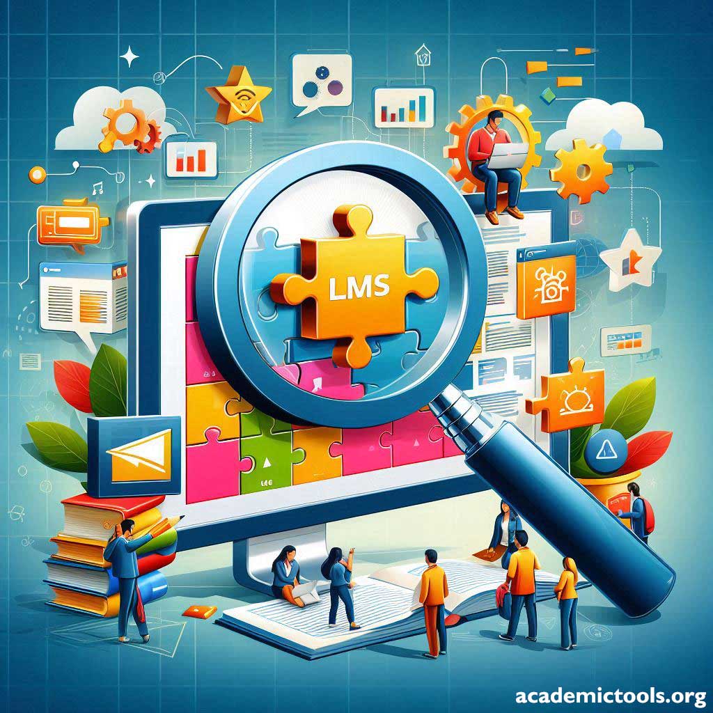 A vibrant and colorful digital illustration representing Learning Management Systems (LMS). At the center, a large magnifying glass focuses on a puzzle piece with “LMS” written on it, symbolizing the scrutiny or exploration of LMS features. Surrounding this are various elements associated with online learning and education: books, a graduation cap, people interacting with digital interfaces, icons for video calls and messaging, clouds indicating cloud computing, gears representing settings or processes, and electronic devices like smartphones and computers. The background is a deep blue with grid lines suggesting a digital environment. This image visually encapsulates the complexity and multifaceted nature of modern e-learning platforms.