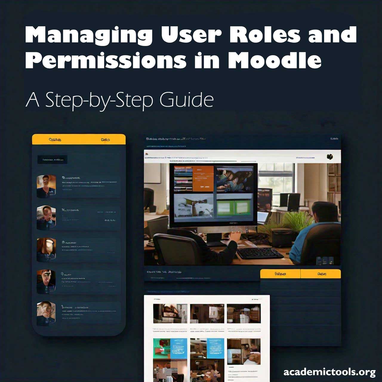 A promotional graphic for a guide titled “Managing User Roles and Permissions in Moodle.” The image features a dark theme with yellow accents and includes screenshots of the Moodle interface demonstrating the user management process. The screenshots show profile pictures and names, indicating different user roles. The bottom of the image has the URL “academictools.org,” suggesting it’s an educational resource. This image is relevant for individuals seeking to understand or manage user roles within the Moodle learning platform, which is widely used in educational settings.