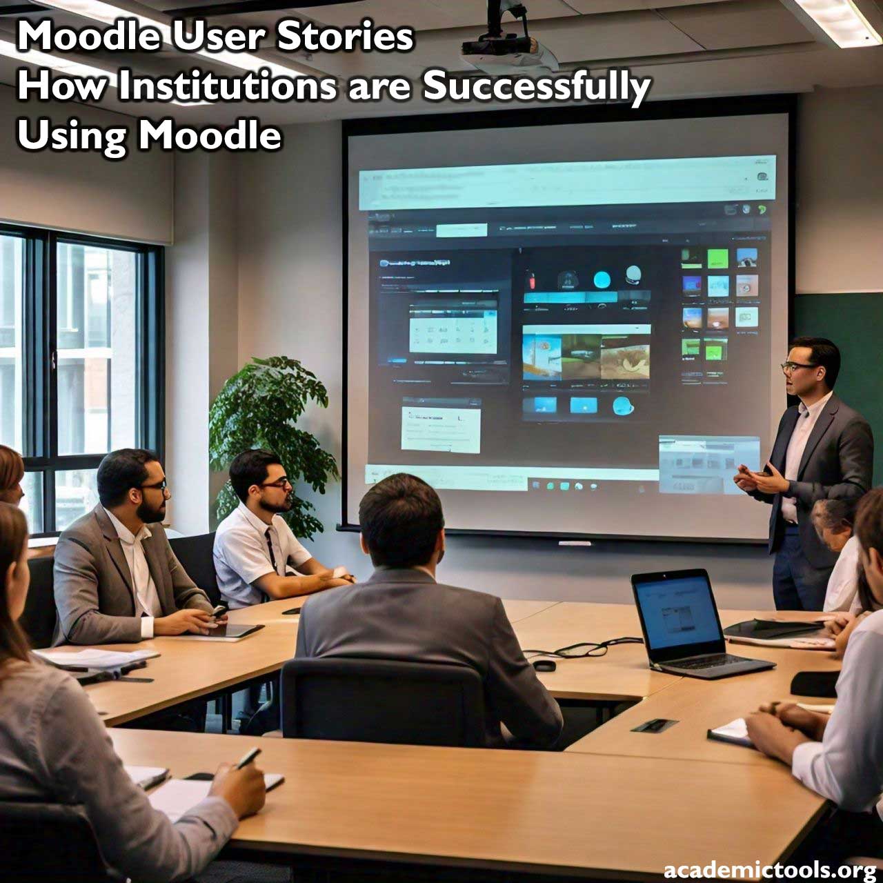 A professional setting where a group of individuals are seated at tables facing a presenter. The presenter is standing in front of a screen displaying the title “Moodle User Stories - How Institutions are Successfully Using Moodle” along with various images and icons related to the Moodle platform.