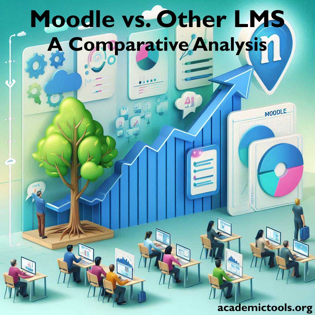 An illustrative comparison between Moodle vs Other LMS Platforms in a classroom setting. The image features a large, central bar graph with “Moodle” on the highest bar, indicating its superiority. To the left of the graph is a tree symbolizing growth, and to the right are icons representing documents, analytics, and a pie chart. Students are seated at desks with computers displaying charts and educational materials. The background includes various educational icons like graduation caps and light bulbs. A banner at the top reads “Moodle vs. Other LMS - A Comparative Analysis” and the website “academictools.org” is displayed at the bottom. The image conveys the dominance of Moodle over other LMS in the field of education technology.