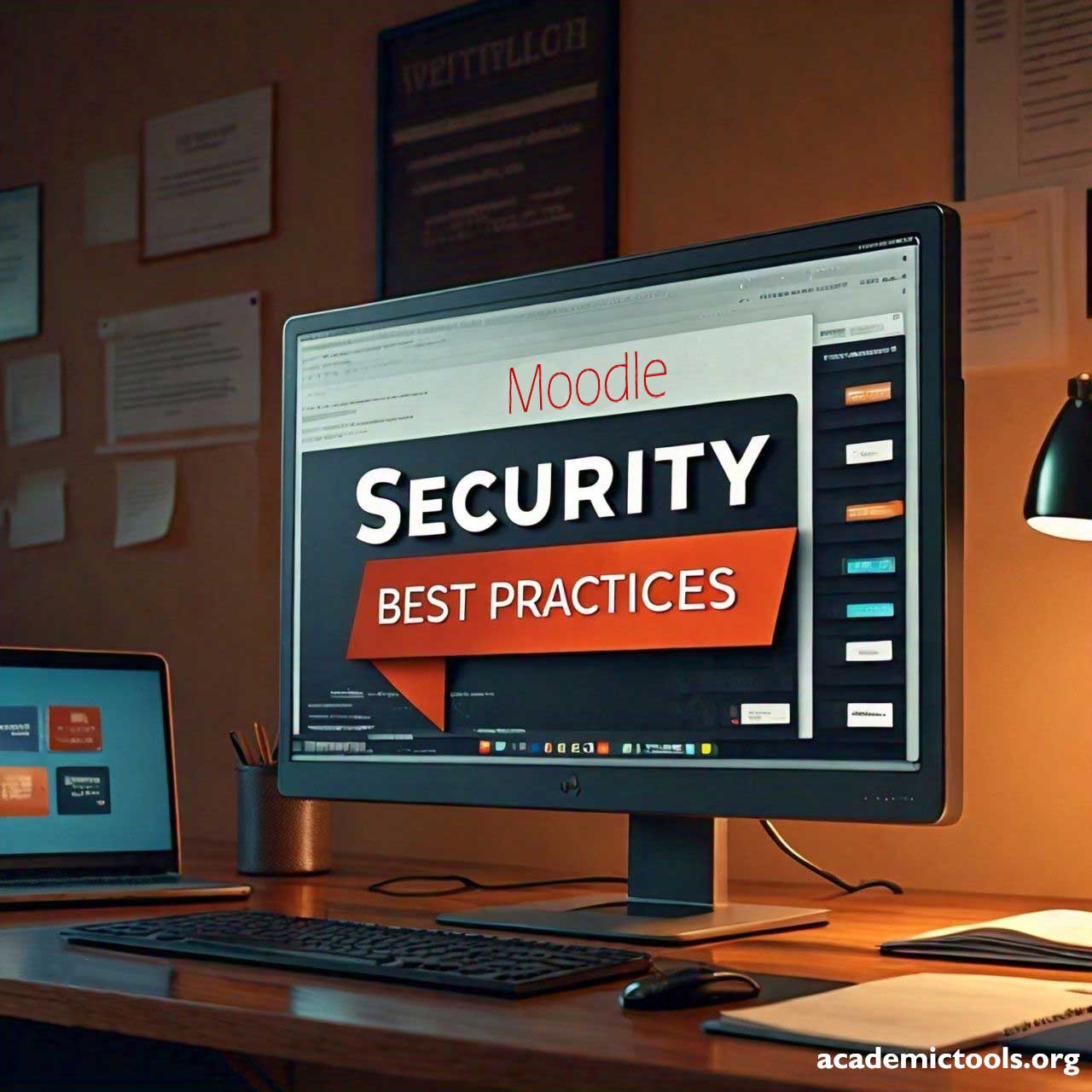 An office space with a desktop computer on a desk. The computer screen displays a webpage titled “Moodle SECURITY"