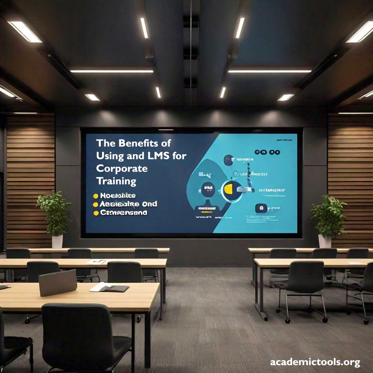 A modern conference room set up for a presentation on “The Benefits of Using an LMS for Corporate Training”. The presentation slide displayed on a large screen features a colorful diagram connecting elements such as “Scalability”, “Cost-Effectiveness”, and “Accessibility and Convenience”. The room is equipped with rows of empty chairs, dark walls, and recessed lighting. The website address “academictools.org” is visible at the bottom of the slide. The image conveys a professional setting prepared for a discussion on the advantages of Learning Management Systems in corporate training.