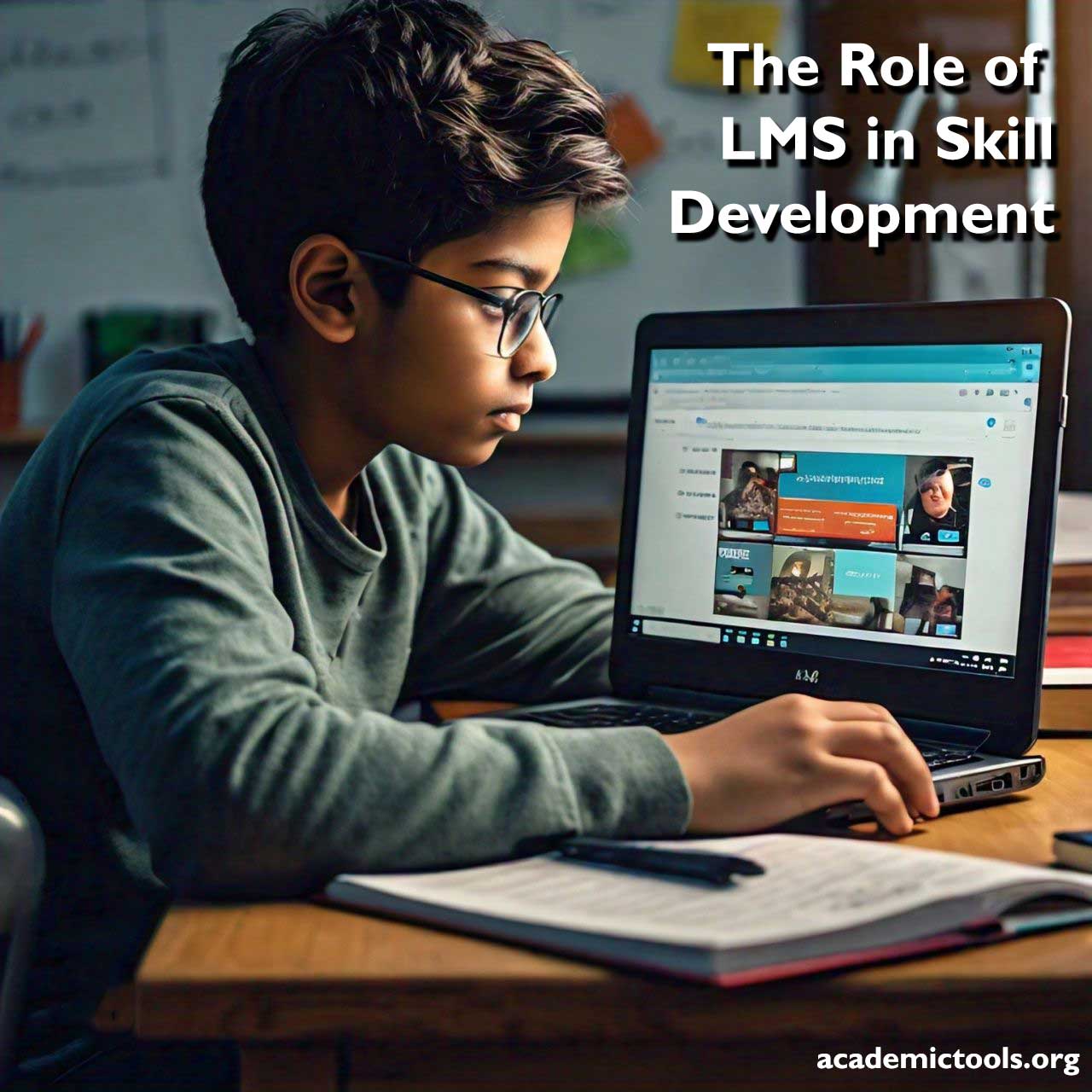 A person is sitting at a desk in a dimly lit room, engrossed in a presentation displayed on a laptop screen. The presentation is titled “The Role of LMS in Skill Development”. The desk is cluttered with books and papers, indicating a study environment. The website address “academictools.org” is visible at the bottom of the presentation, suggesting the source of the educational content. The image conveys a scene of focused learning or research.