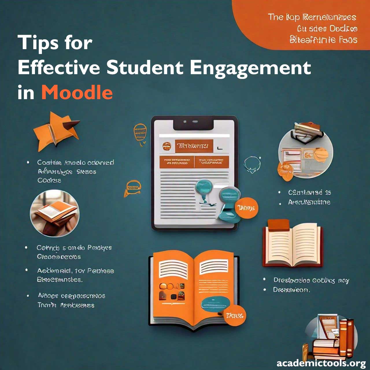 An infographic titled “Tips for Effective Student Engagement in Moodle” on a vibrant orange background. It features a central tablet displaying a quiz interface with multiple-choice options. Surrounding the tablet are various icons representing different strategies for student engagement, such as an academic cap, books, a magnifying glass over documents, and a light bulb. Each icon is accompanied by text highlighting strategies like “Create video recorded lectures,” “Organize live webinars & discussion sessions,” and others. The source of the infographic is credited to academictools.org at the bottom. The image provides a visual guide for enhancing student engagement in Moodle, an online learning platform.