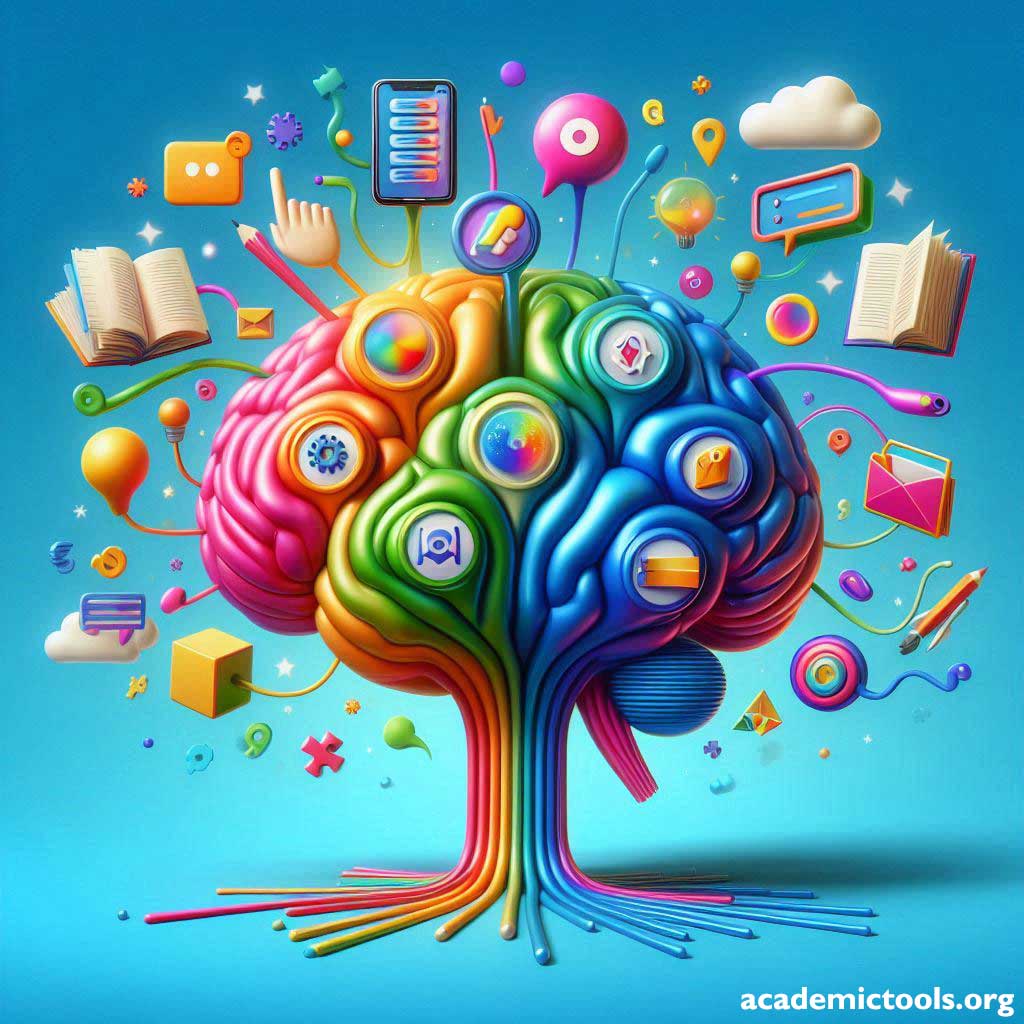 The image is a stylized representation of a human brain, divided into vibrant, multi-colored sections. Each section is connected to symbols and objects representing different aspects of learning and creativity, such as books, a paint palette, musical notes, mathematical symbols, social media icons, gears, light bulbs indicating ideas, speech bubbles, and electronic devices like a smartphone and game controller. The background is a bright blue sky with fluffy clouds. The image suggests a theme of intellectual activity and the diverse elements involved in thinking processes. There are no text elements in the image.