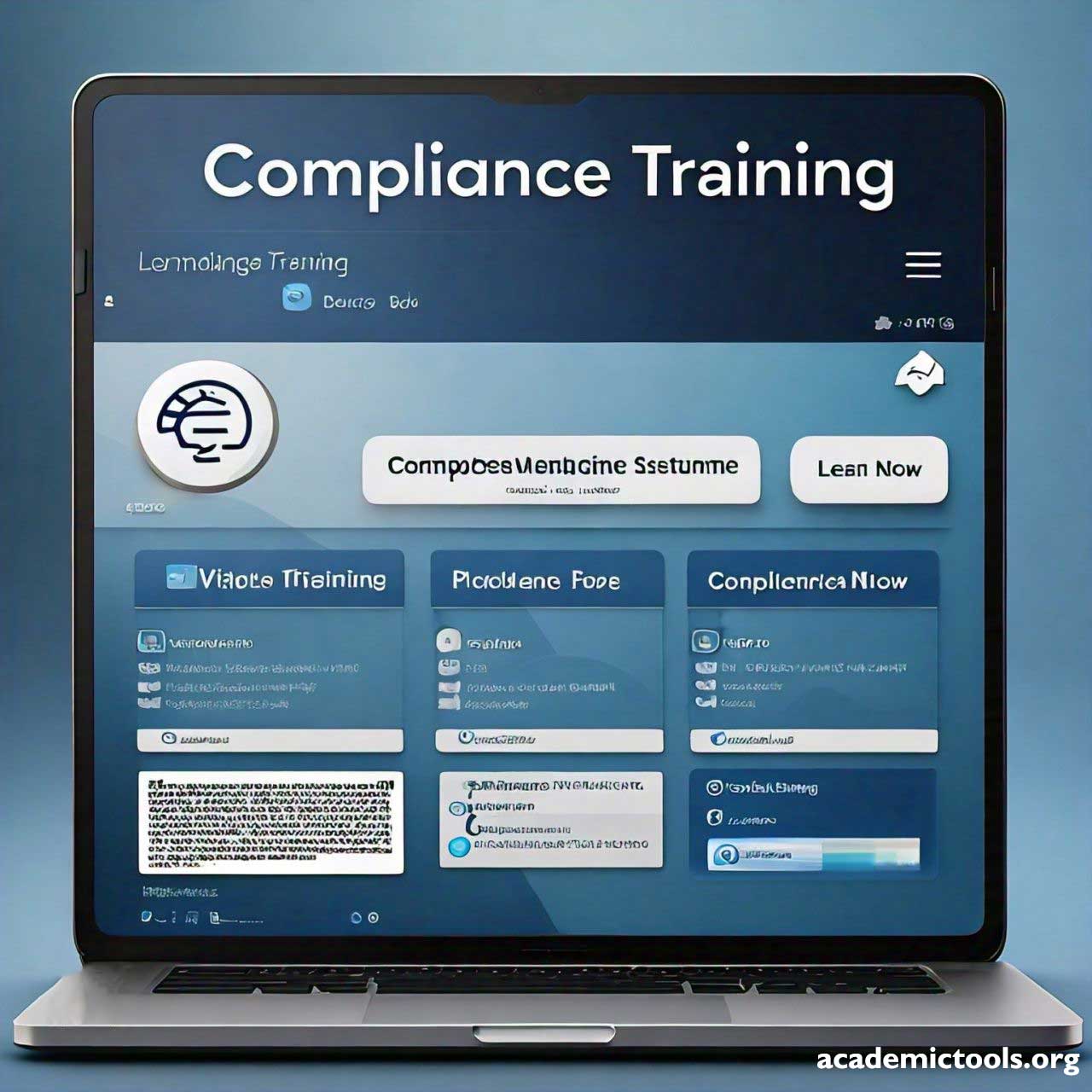 A laptop screen displaying a dark blue themed webpage for “Compliance Training” with various menu options and sections. The webpage includes three main buttons labeled “Learn More,” “Start Learning Session,” and “Compliance Now.” Below these buttons, there is a list of courses with checkboxes next to them, some of which are checked off. The bottom left corner of the screen contains a block of text that appears to be an introduction or summary of the compliance training program. The website’s URL, www.academictools.org, is displayed at the bottom right corner. The background behind the laptop shows a blurred office setting. The image suggests a focus on online compliance training programs.