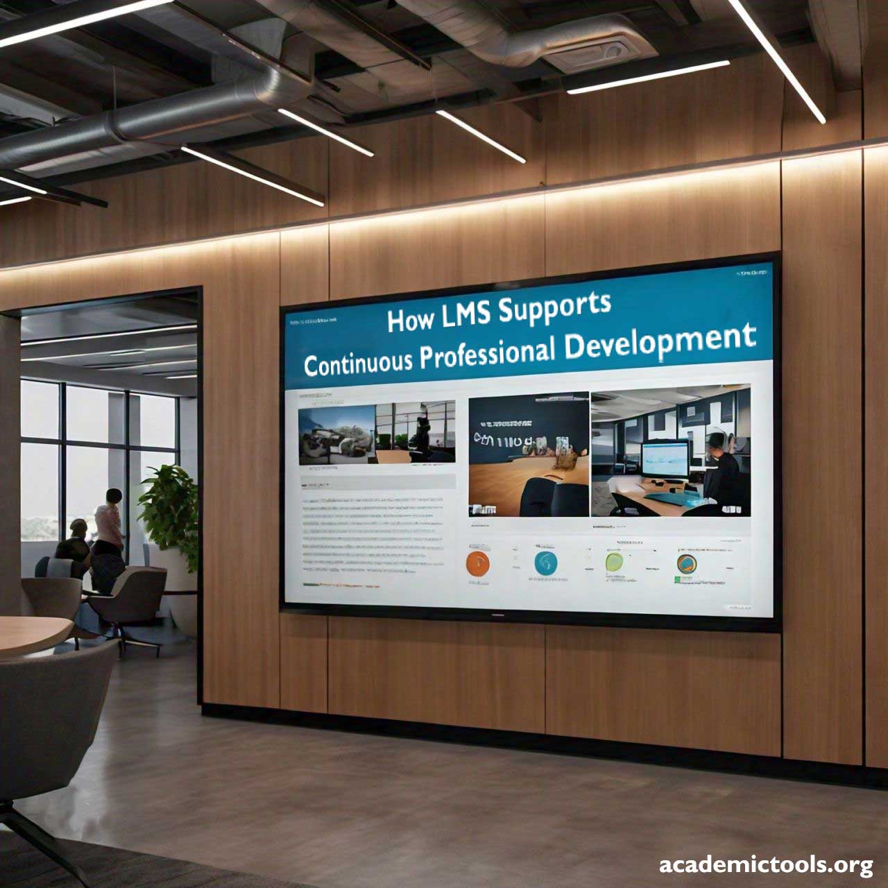 An office space with a modern design featuring a large digital screen on the wall displaying a presentation titled “How LMS Supports Continuous Professional Development”. The presentation includes images of people in business settings and graphics related to learning management systems. Below the screen, there is a wooden credenza against the wall. The room has wood flooring, and there are glass walls partially visible on the left side, suggesting an open-concept office layout. The lighting is warm and welcoming, enhancing the professional atmosphere of the space. The image shows a professional setting with a focus on continuous professional development through learning management systems, which could be relevant for users interested in workplace learning or organizational development strategies.