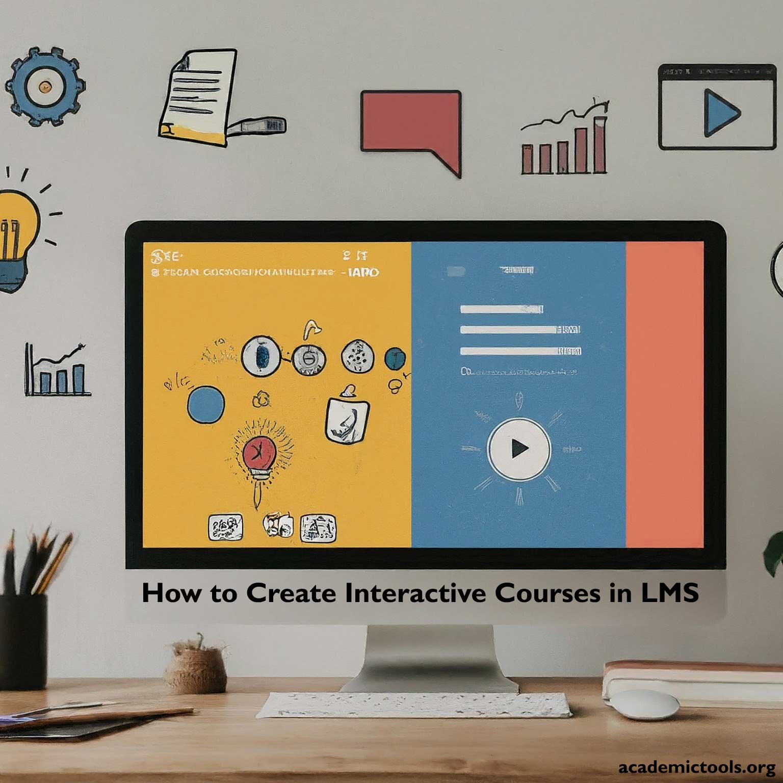 A computer monitor on a desk displaying a colorful graphic titled ‘How to Create Interactive Courses in LMS’. The screen is split into two sections, yellow and blue, featuring various educational and digital icons like lightbulbs, gears, and play buttons. The desk is against a wall adorned with various creative doodles. The image represents the modern approach to e-learning development.