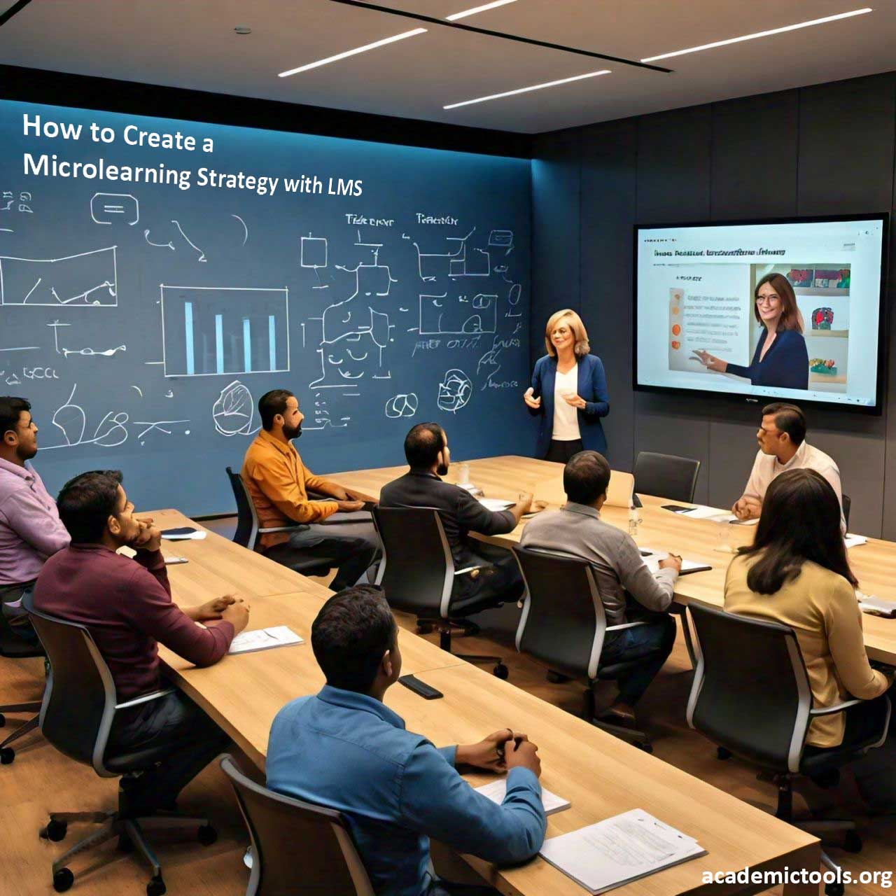 A corporate training session in a modern conference room with attendees seated at tables facing a presenter. The presenter is gesturing towards a screen displaying a “Microlearning Strategy with LMS” presentation. The blackboard behind the presenter features various business graphs, flowcharts, and text annotations.