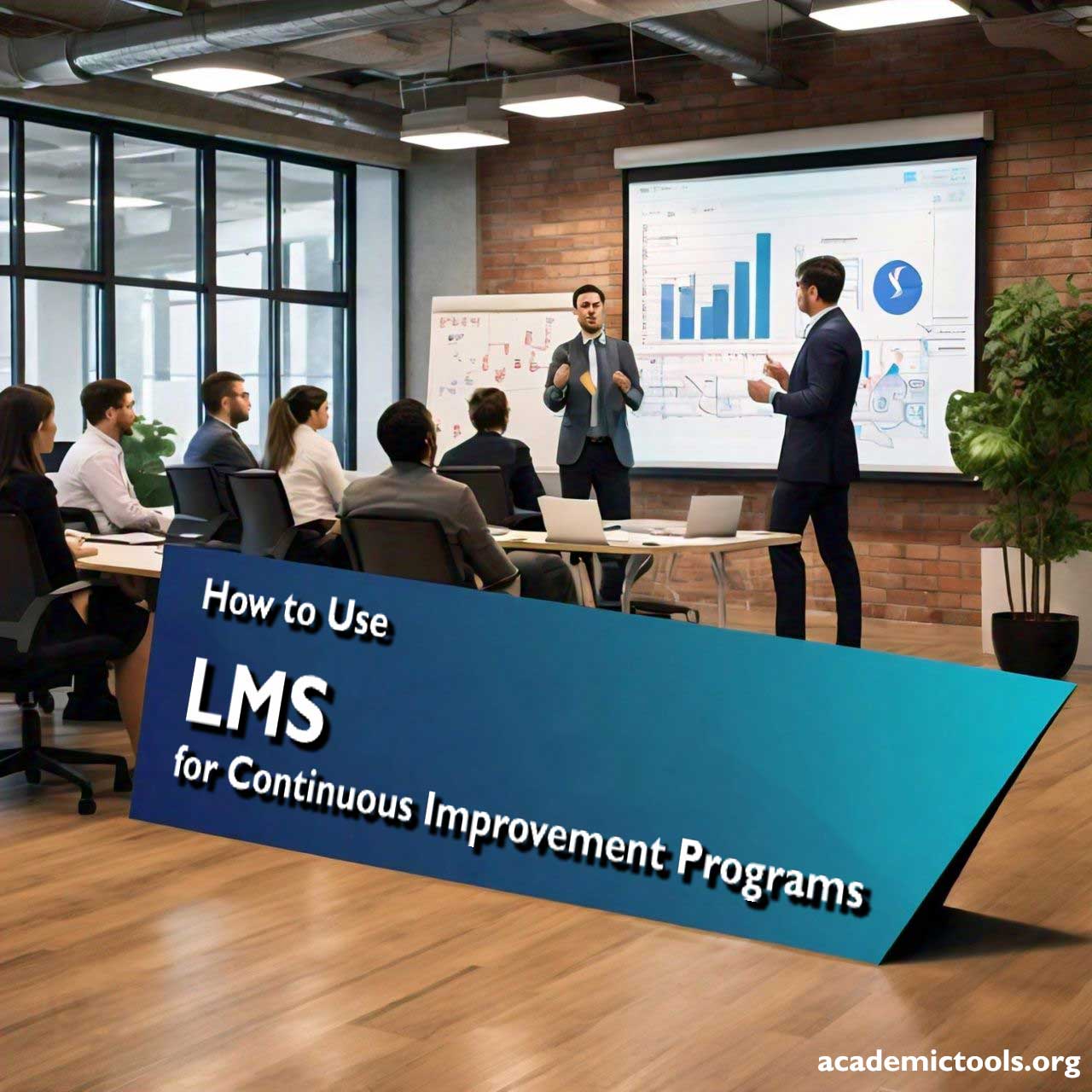 A professional setting with a group of individuals seated facing a presentation titled ‘How to Use LMS for Continuous Improvement Programs’ displayed on a screen, with two presenters standing in front, one gesturing towards the screen and the other looking on, in a well-lit office space with large windows and modern design.