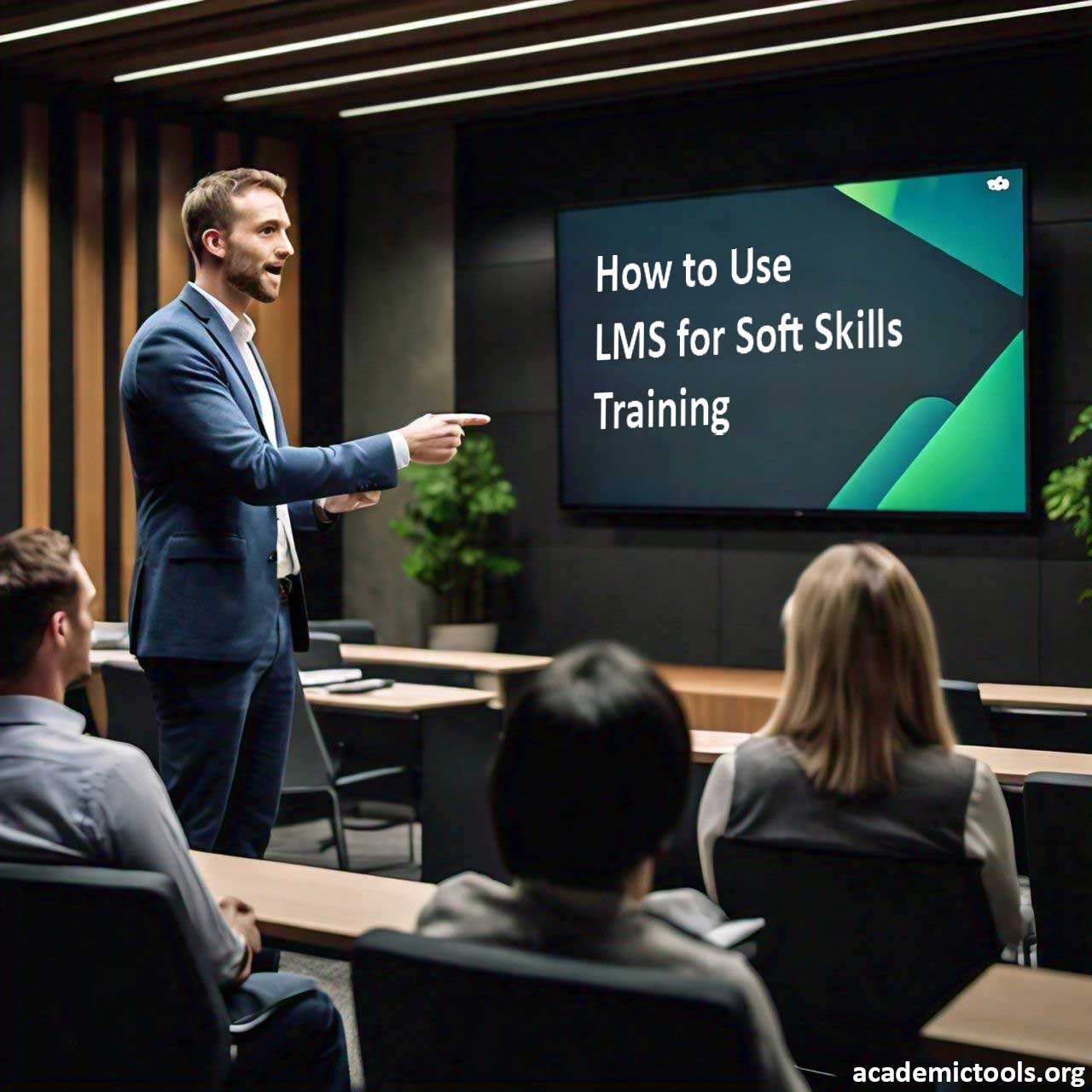 Presenter using Learning Management System (LMS) for soft skills training in a modern conference room with attentive audience. The image shows a presenter pointing at a screen with the title ‘How to Use LMS for Soft Skills Training’ in a well-lit conference room, indicating a professional or educational setting focused on enhancing soft skills via technology.