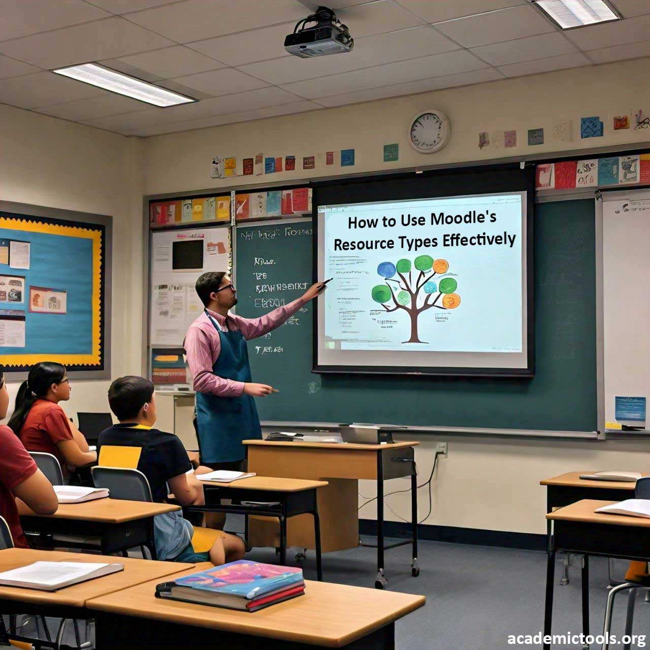 Teacher presenting ‘How to Use Moodle’s Resource Types Effectively’ on a projector screen in a classroom with students.