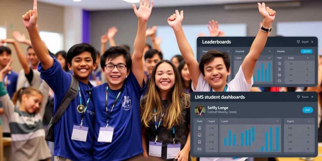 Students celebrating achievements, with badges and leaderboards visible on their LMS dashboards, highlighting LMS and student performance.
