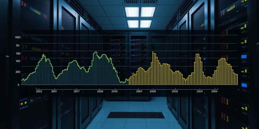 A server room with graphs showing high CPU usage, symbolizing performance issues. Moodle Troubleshooting