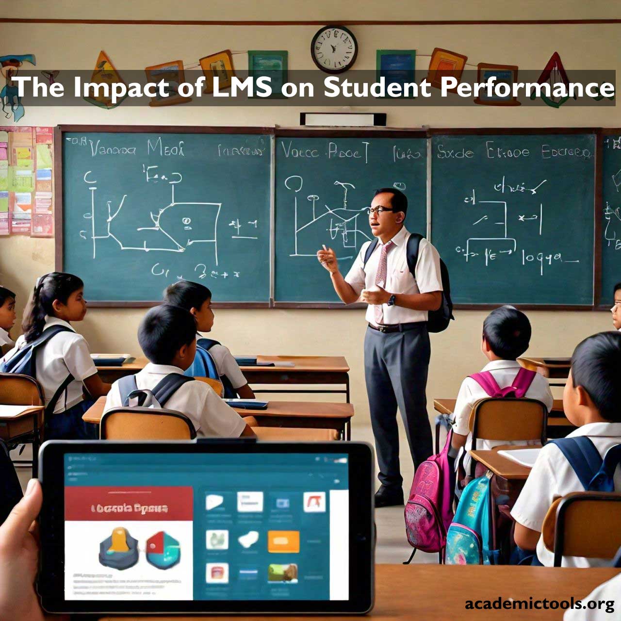 A classroom with students facing a teacher who is standing in front of a blackboard filled with various mathematical equations and diagrams. LMS and Student Performance