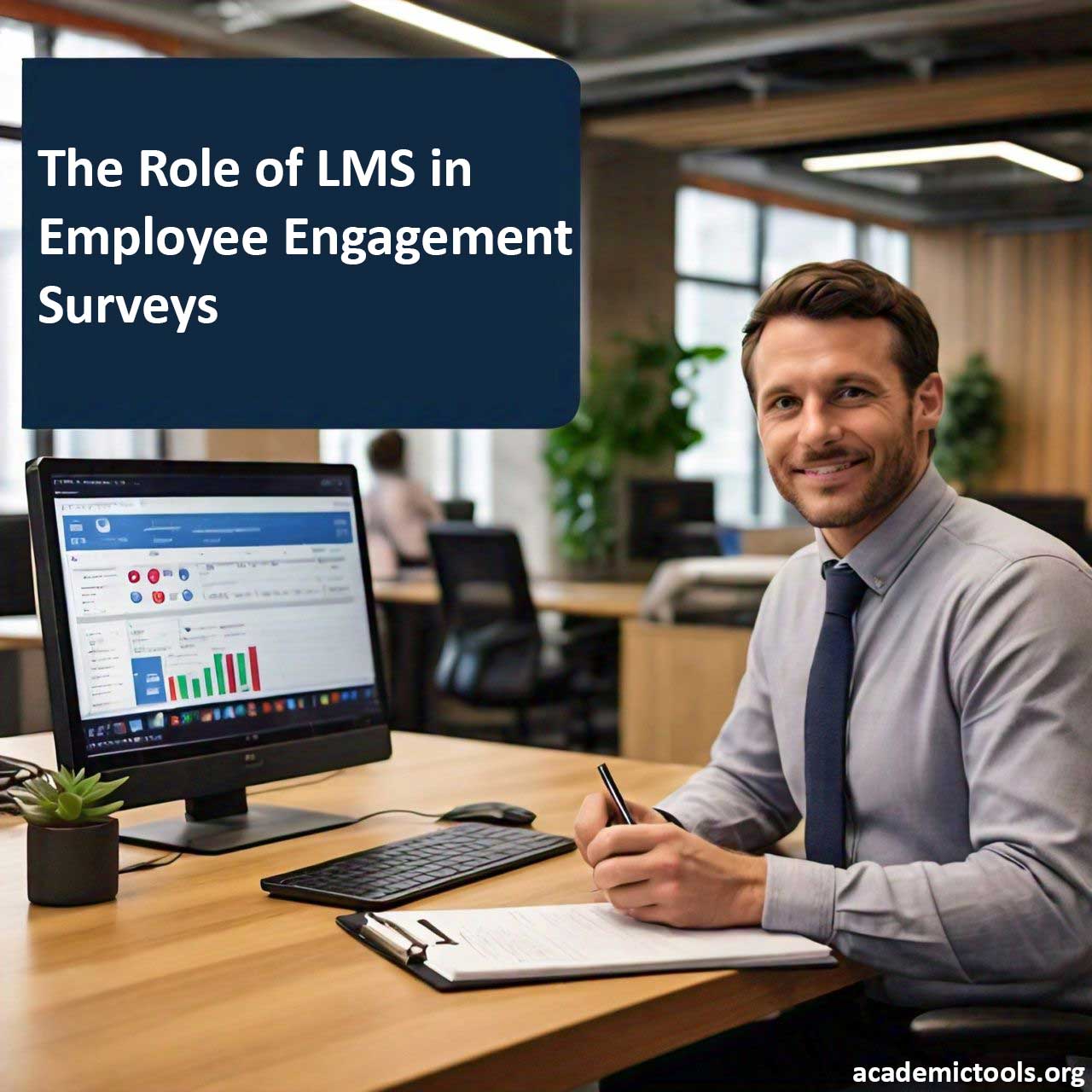 Professional in office analyzing data on computer screen for LMS employee engagement surveys.