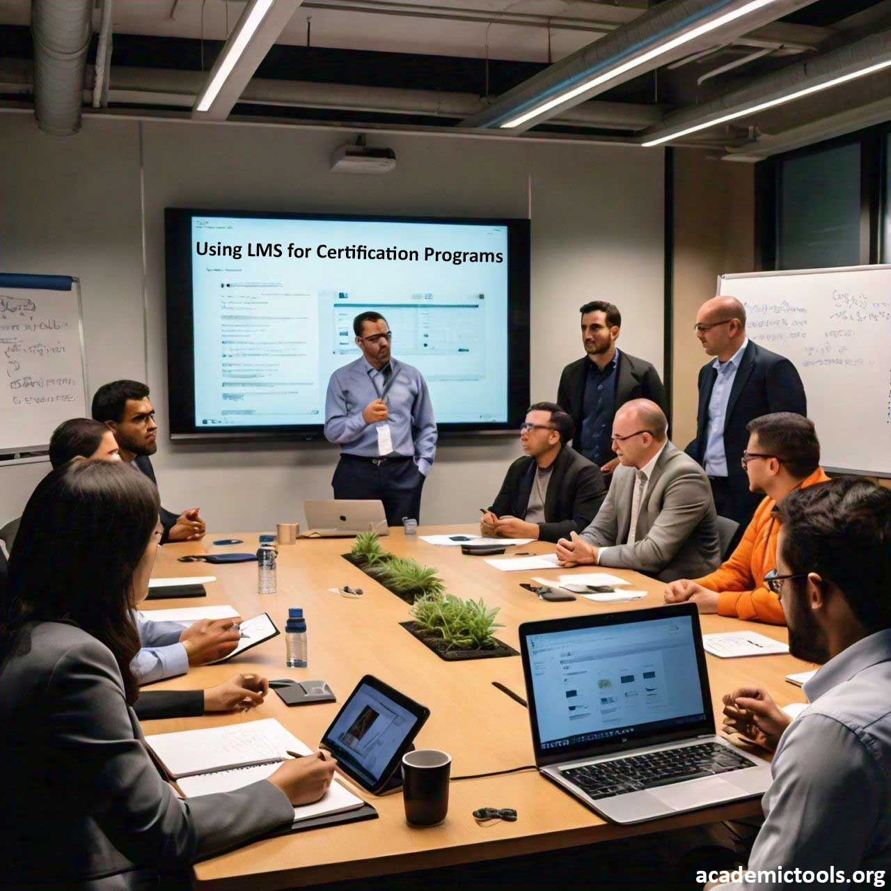 Professional training session with participants using laptops and a presentation on ‘Using LMS for Certification Programs’ displayed on screen.