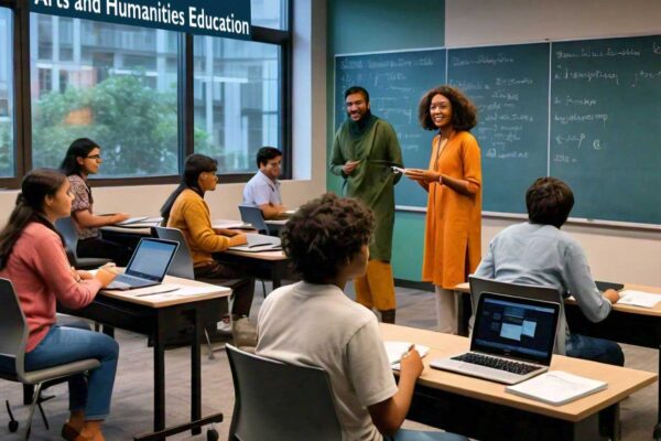 A classroom setting with students using laptops and a teacher standing by the blackboard with the text ‘Using Moodle for Arts and Humanities Education’ on the wall. The image highlights the integration of technology in learning and a diverse curriculum that includes both arts and humanities education.