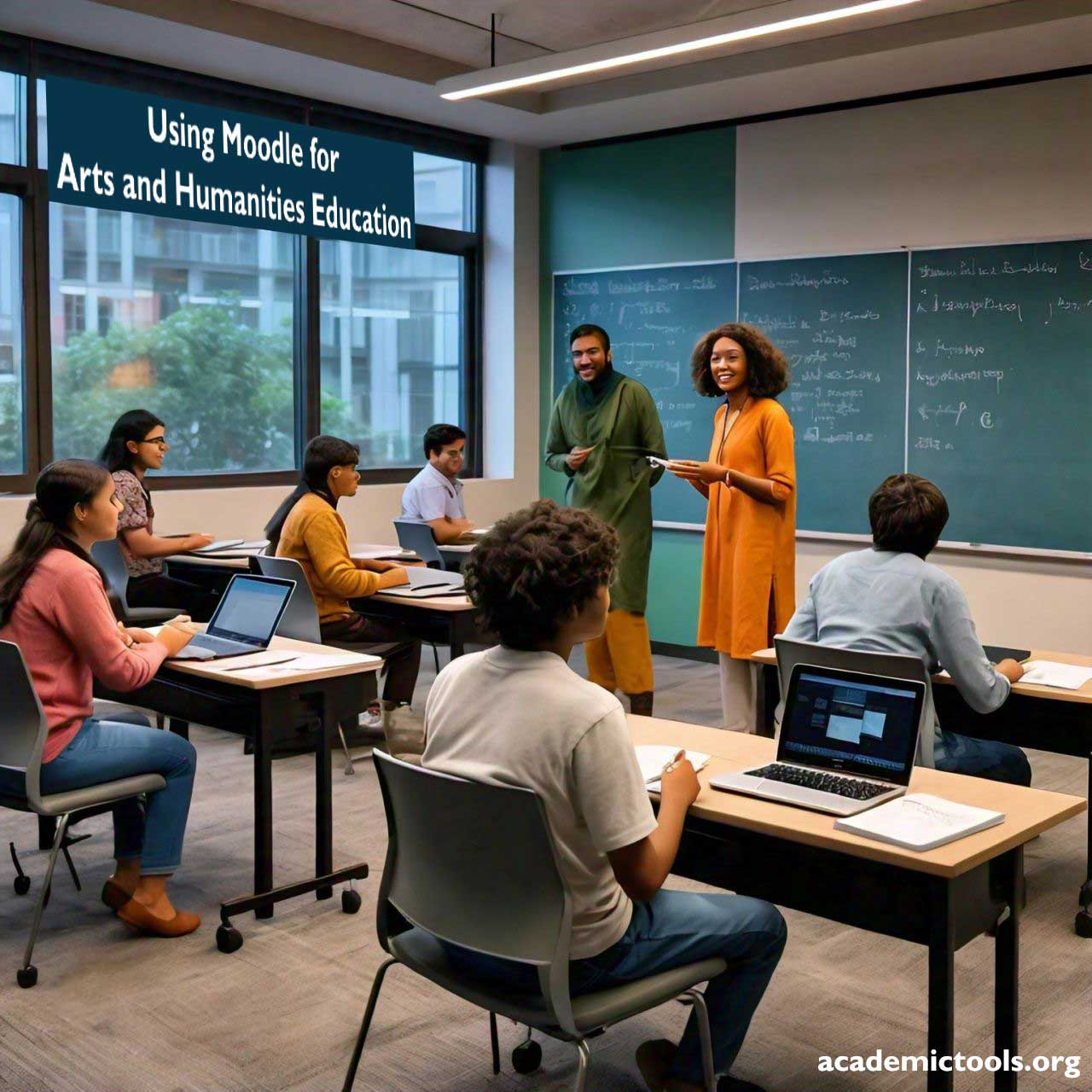 A classroom setting with students using laptops and a teacher standing by the blackboard with the text ‘Using Moodle for Arts and Humanities Education’ on the wall. The image highlights the integration of technology in learning and a diverse curriculum that includes both arts and humanities education.