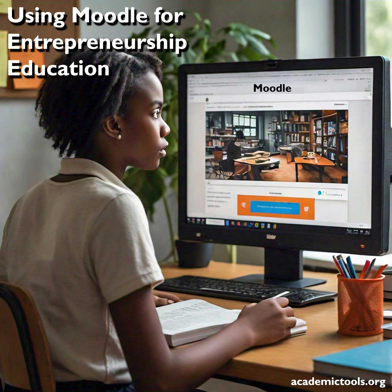 A person, is seated in front of a desktop computer displaying a webpage titled “Moodle.” The screen shows an image of a cozy library setting with books and armchairs, and below it, there’s a login prompt. Above the monitor, the text reads “Using Moodle for Entrepreneurship Education.” To the right of the computer, there’s a cup filled with pencils and pens on the desk. The website address “academictools.org” is visible at the bottom right corner. The image depicts a study or work environment where Moodle, an online learning platform, is being used for entrepreneurship education. The overall setting suggests a focus on online learning and education technology.