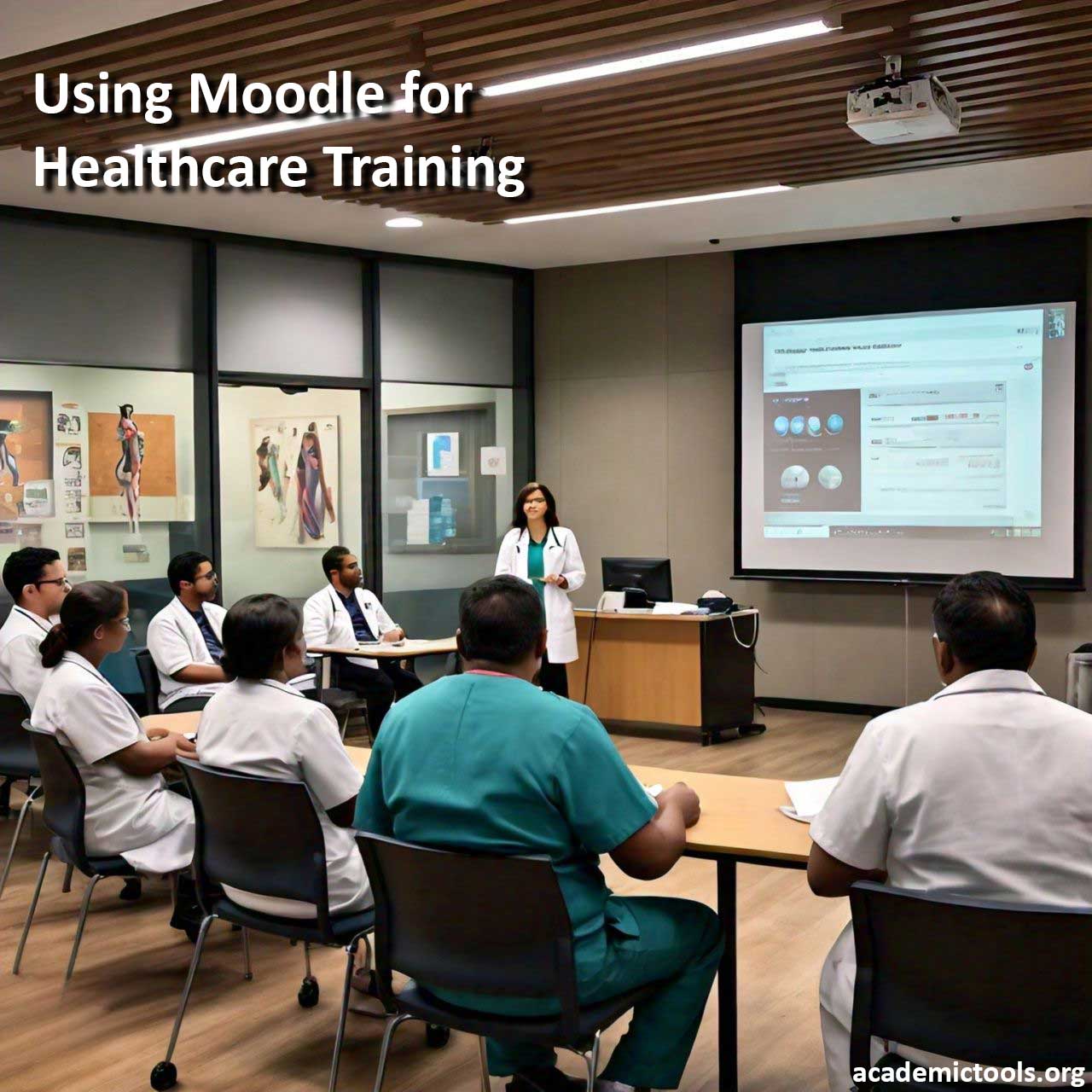 Healthcare professionals attending a training session on Moodle in a conference room with a presenter at the front.