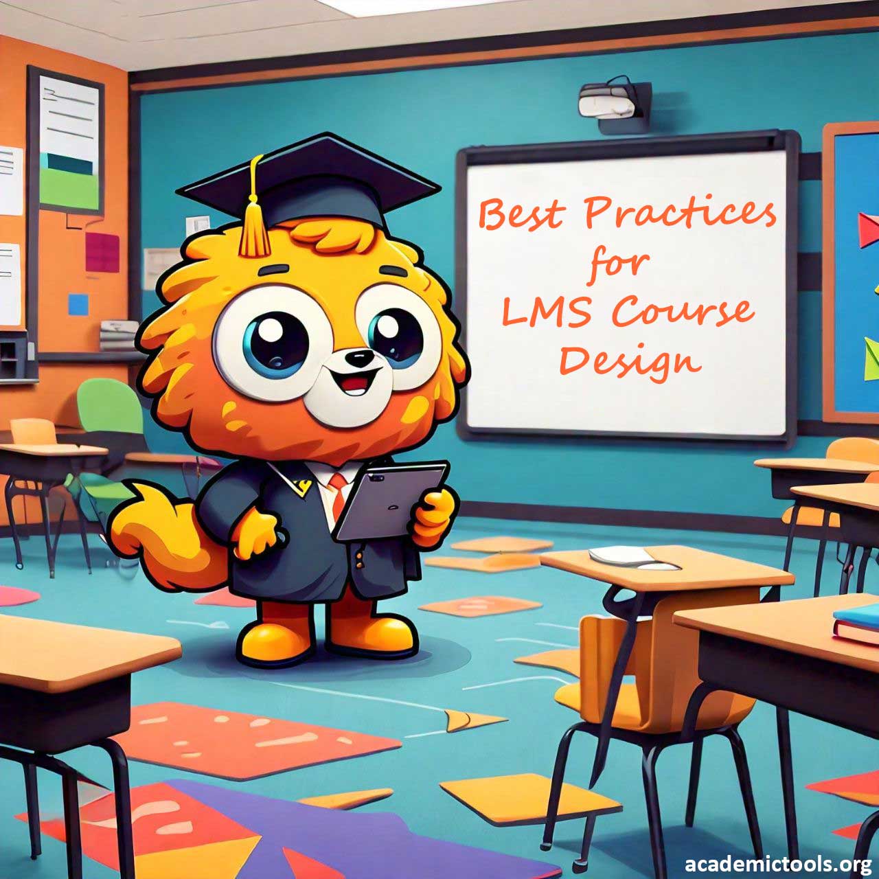 Cartoon lion graduate holding a tablet in a classroom with text ‘Best Practices for LMS Course Design’ on whiteboard, academictools.org.