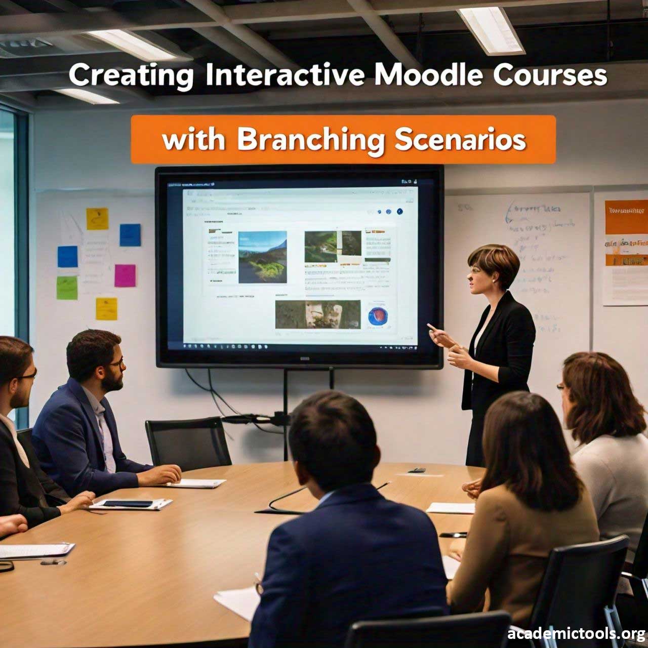 Professional training session in a modern office, with a presenter pointing at a screen displaying ‘Creating Interactive Moodle Courses with Branching Scenarios’, surrounded by attentive participants.