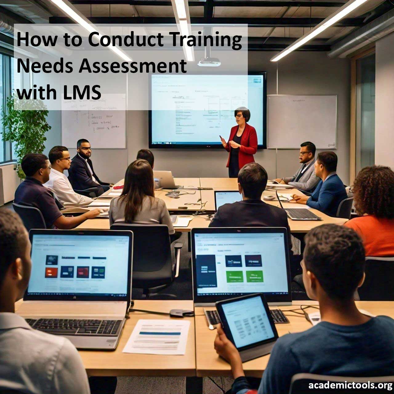 Corporate training session in a modern conference room with participants using laptops and a presenter leading a discussion on ‘How to Conduct Training Needs Assessment with LMS’.