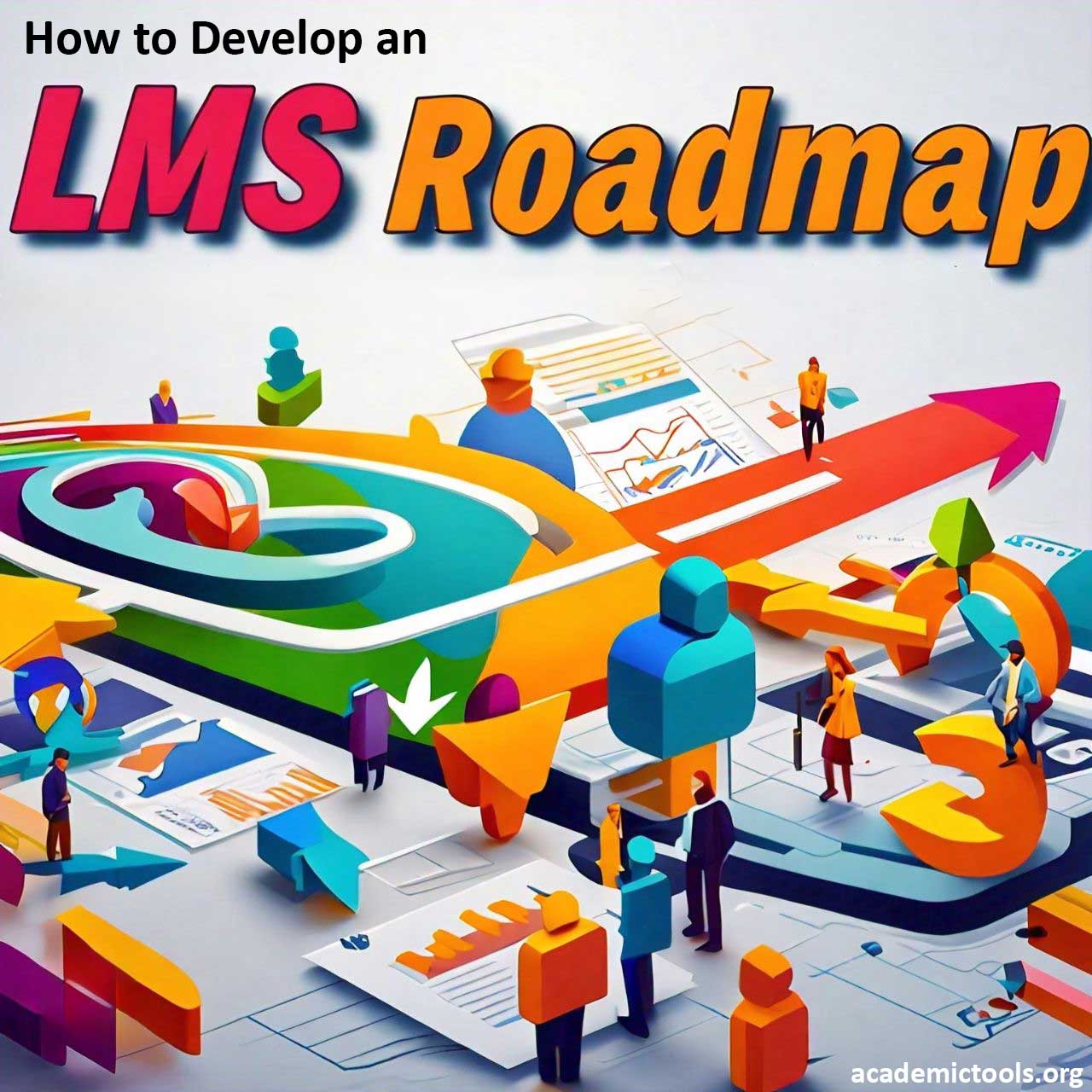 Colorful illustration of a roadmap to develop a Learning Management System (LMS), featuring 3D figures on a path with strategic planning icons and documents.