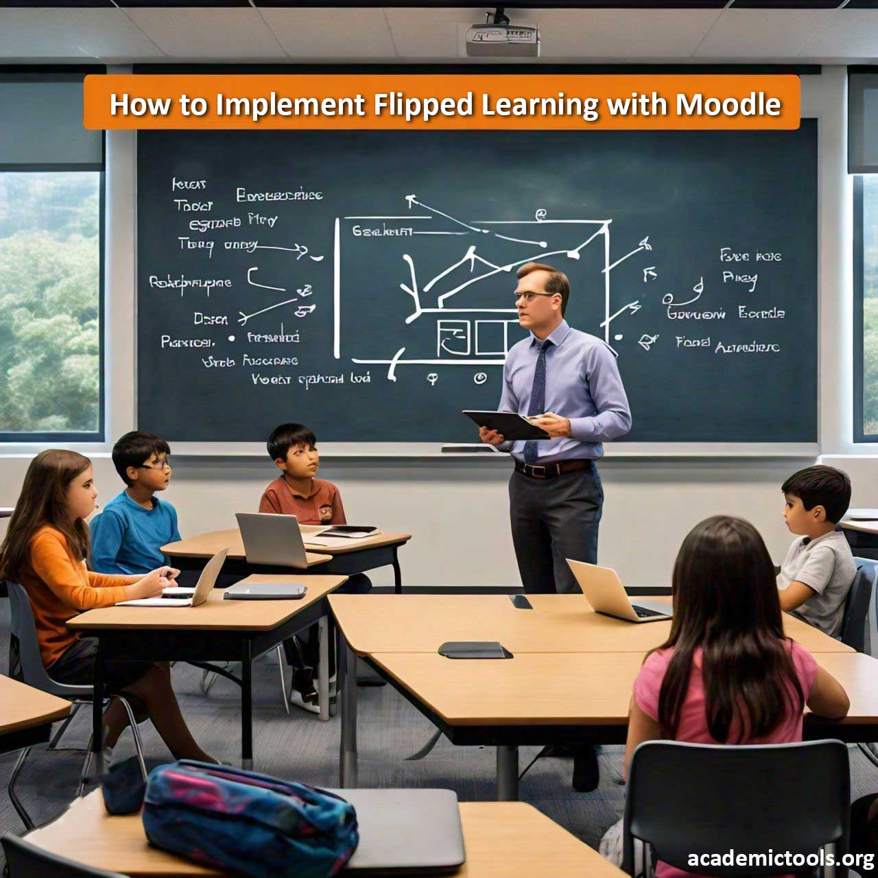 Educator teaching flipped learning with Moodle in a modern classroom, featuring students using laptops and a blackboard with educational diagrams.” This description highlights the key elements of the image, including the use of technology in education and the presence of Moodle, an open-source learning platform.