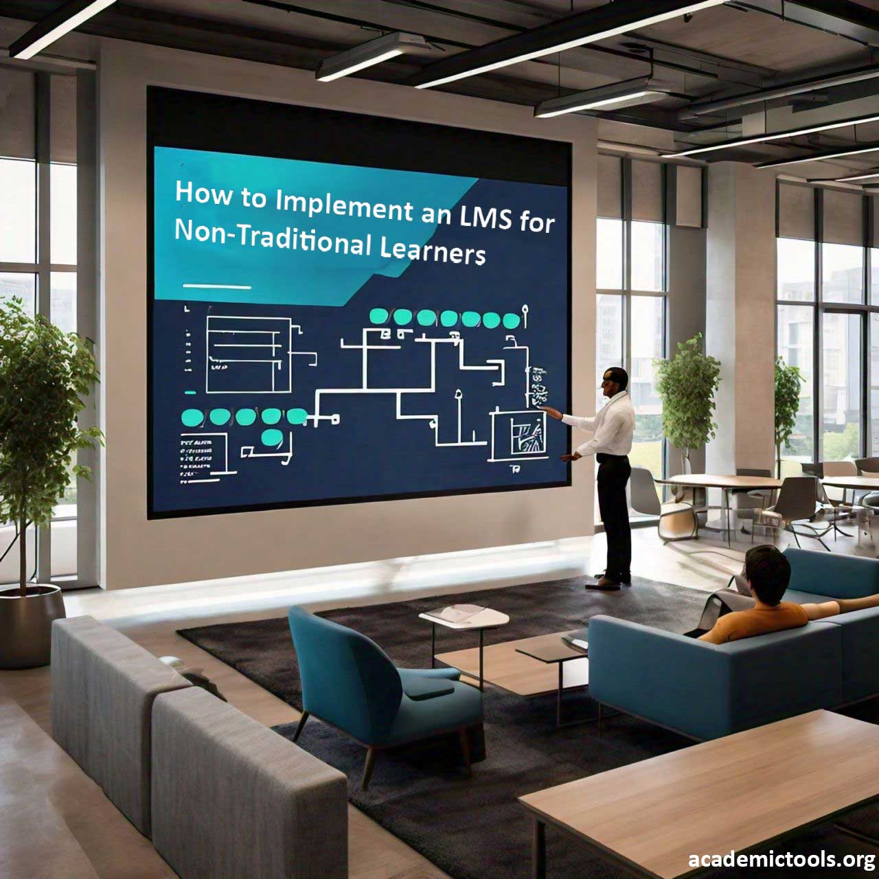 Flowchart on implementing an LMS for non-traditional learners, displayed in a modern office setting.