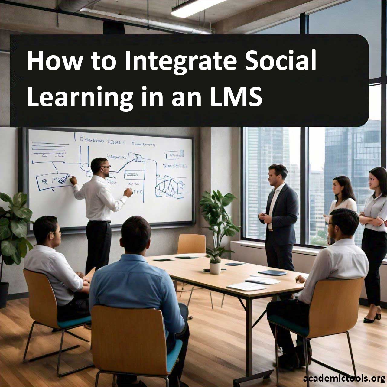 Business professionals engaging in a collaborative workshop on integrating social learning in a Learning Management System (LMS), with a presenter leading the discussion using a whiteboard filled with diagrams and bullet points.” This description highlights the key elements of the image, including the focus on social learning within an LMS and the interactive presentation format.