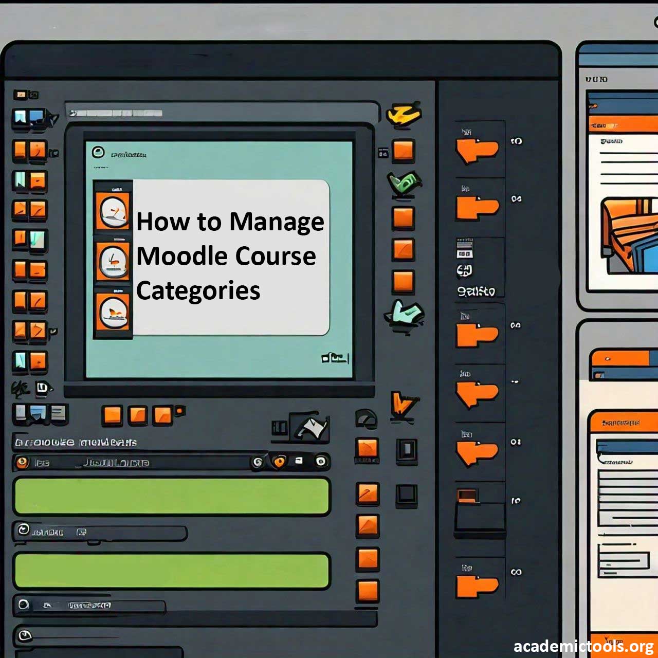 Screenshot of a Moodle course management interface with a presentation slide titled ‘How to Manage Moodle Course Categories’.