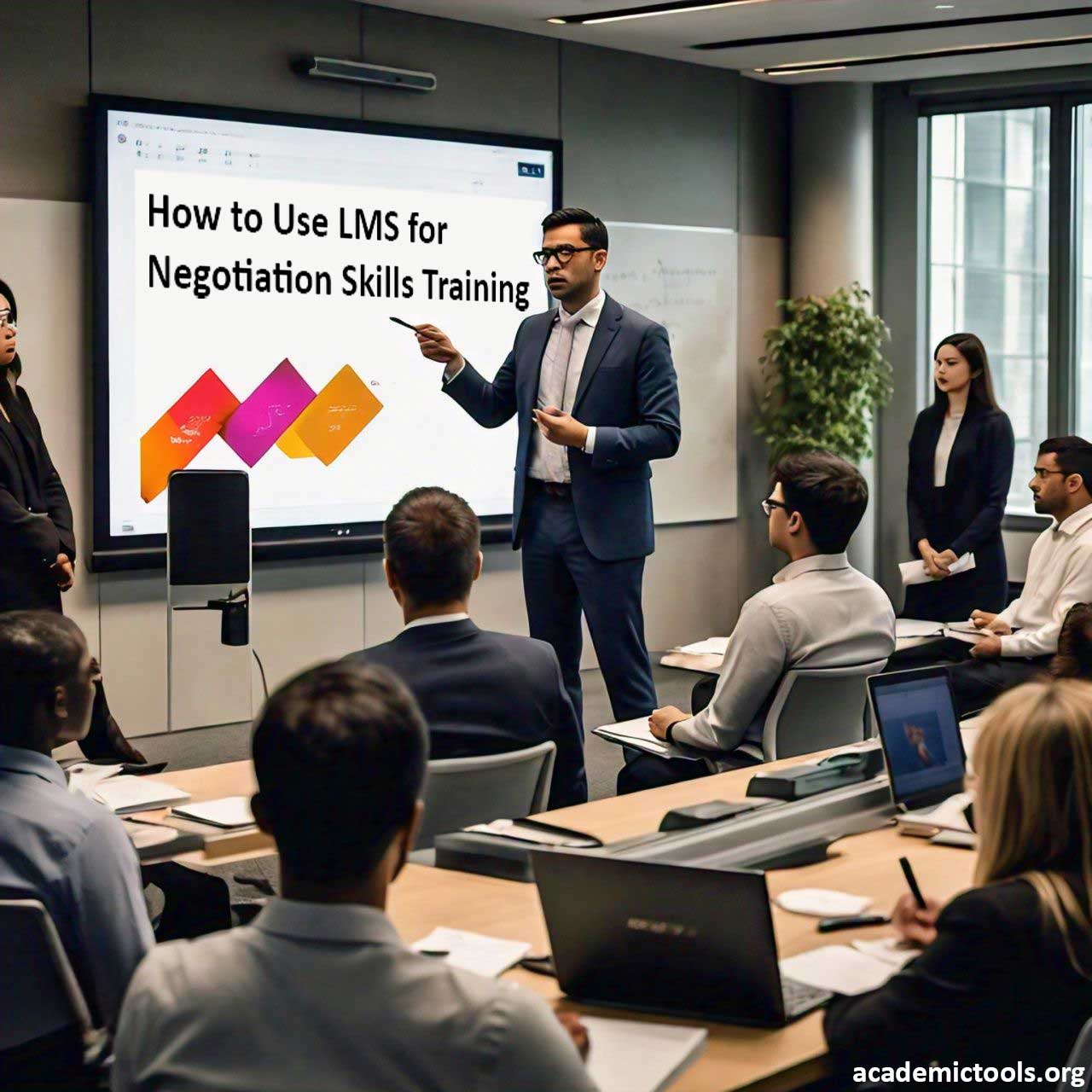 Professional training session on ‘How to Use LMS for Negotiation Skills Training’ in a modern conference room with attendees and presenter.