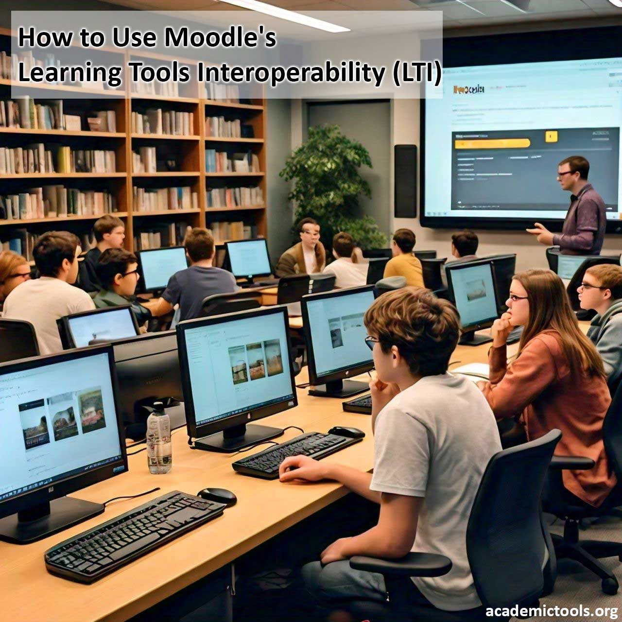 Classroom with students using computers learning about Moodle’s Learning Tools Interoperability (LTI) feature, instructor presenting.