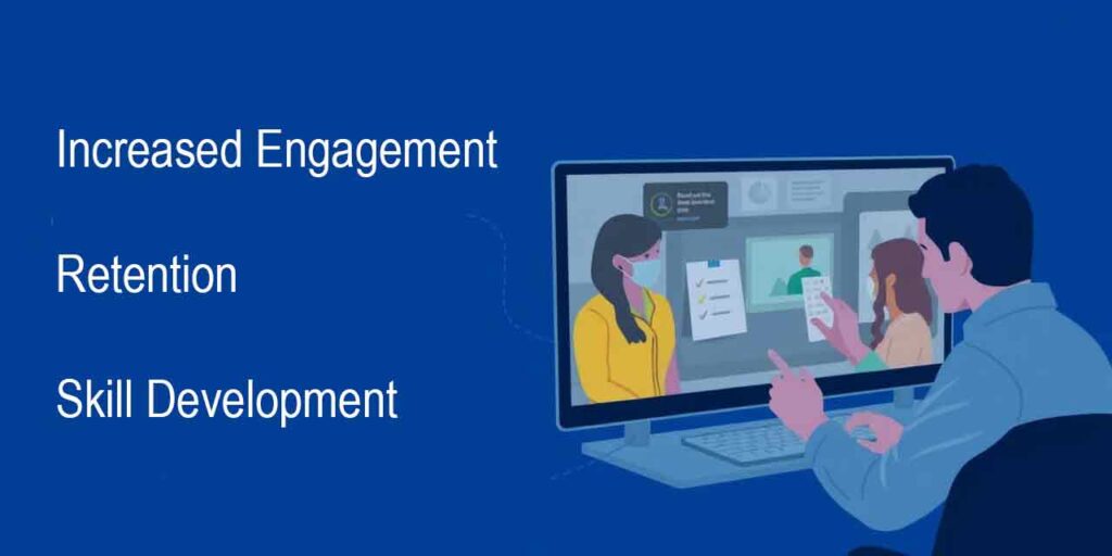 A visual representation of increased engagement, retention, and skill development through interactive e-learning. Include learners making choices in a virtual scenario. - interactive moodle courses