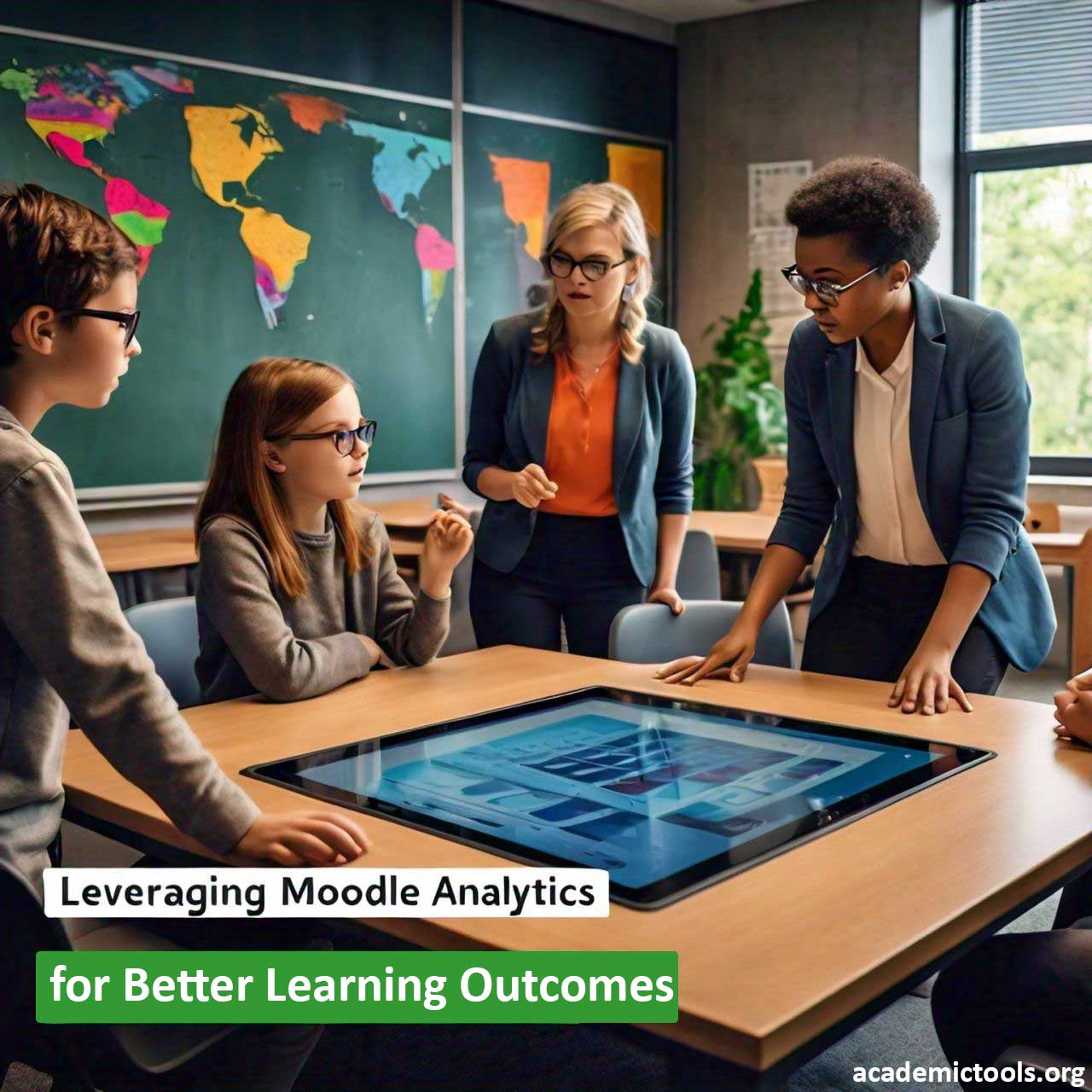 Group of professionals discussing ‘Leveraging Moodle Analytics for Better Learning Outcomes’ in a conference room.