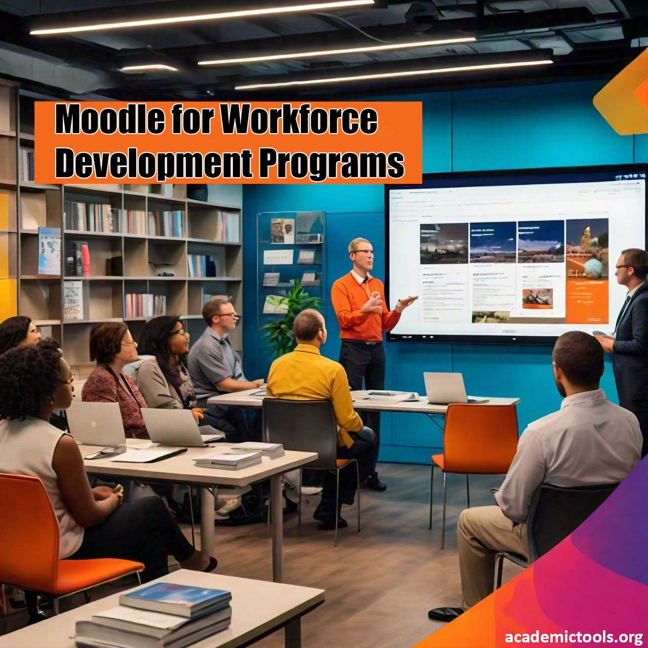 Professional training session using Moodle for Workforce Development Programs with instructor presenting to attentive participants in a modern classroom setting.