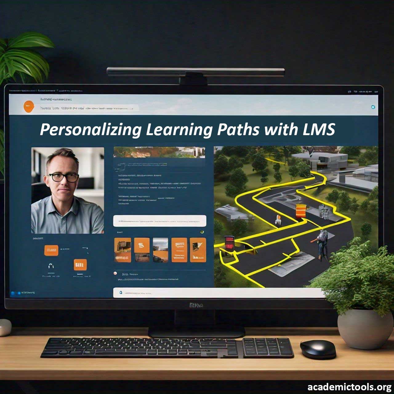 Computer screen displaying ‘Personalizing Learning Paths with LMS’ webpage with text, icons, and campus pathway image.