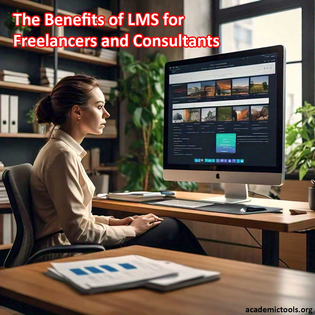 Professional freelancer using Learning Management System (LMS) on computer for enhanced productivity and client management.