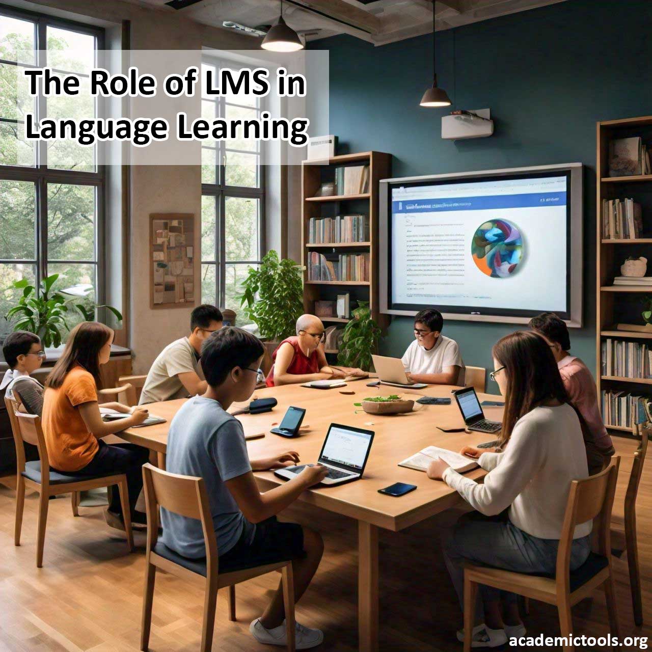 Students using laptops and tablets in a library for language learning with LMS, Learning Management System displayed on screen.