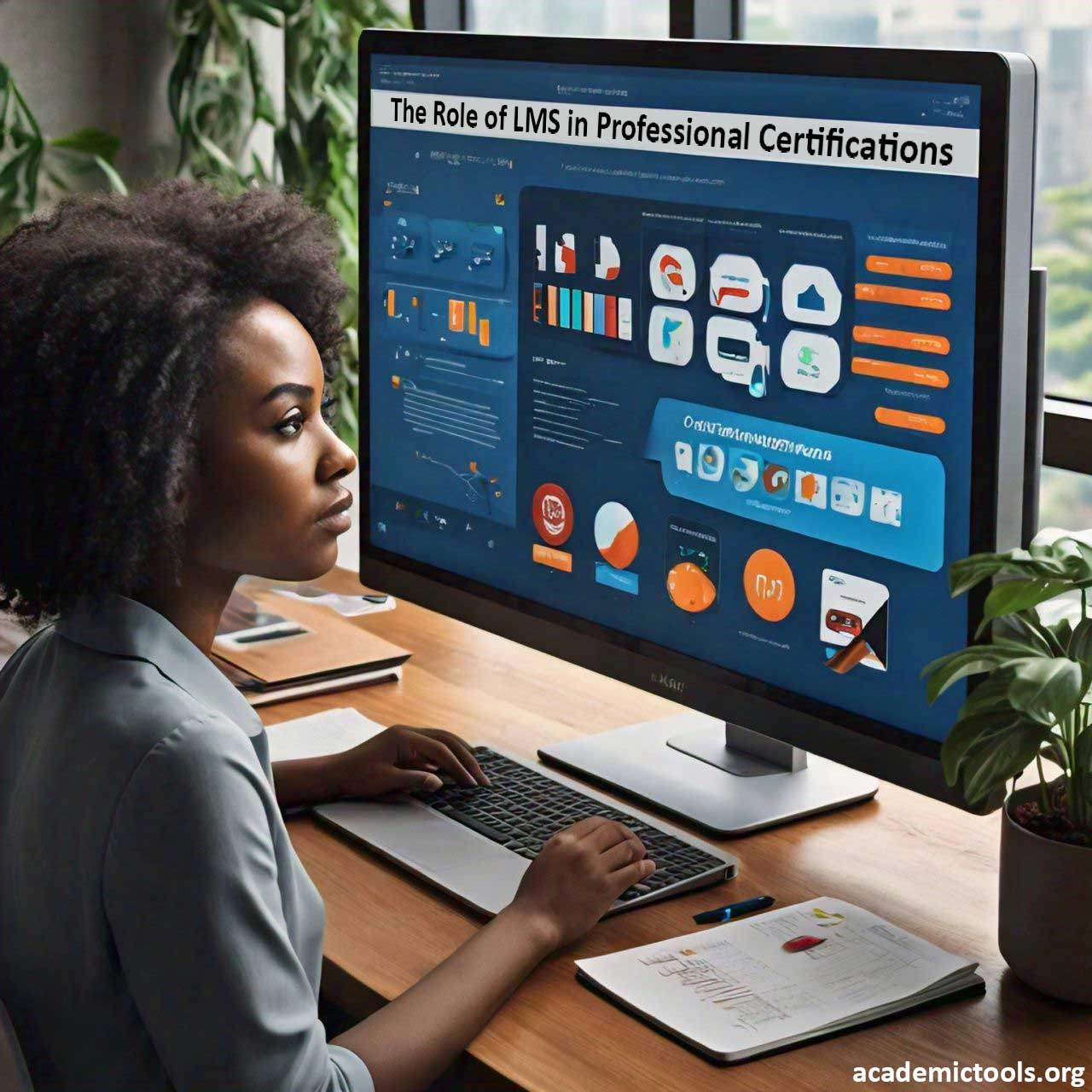 Professional at a desk viewing an infographic about The Role of LMS in Professional Certifications on a computer screen.