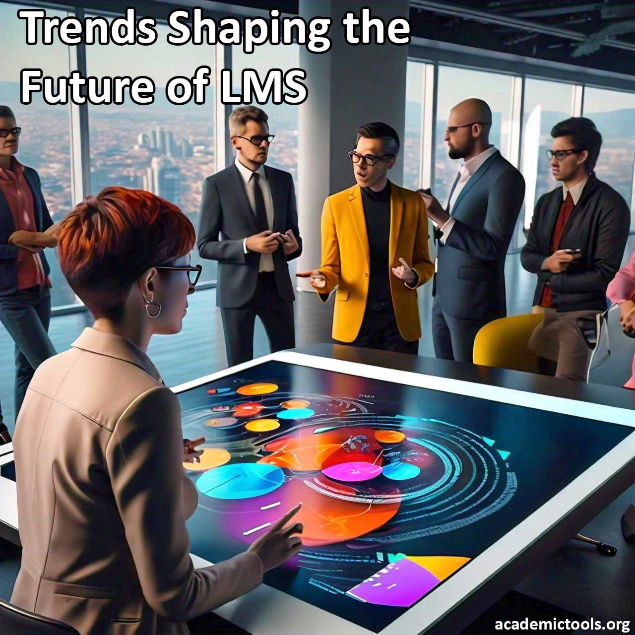 A group of professionals discussing data on an interactive touchscreen table displaying colorful infographics about Trends Shaping the Future of LMS at a modern business meeting.