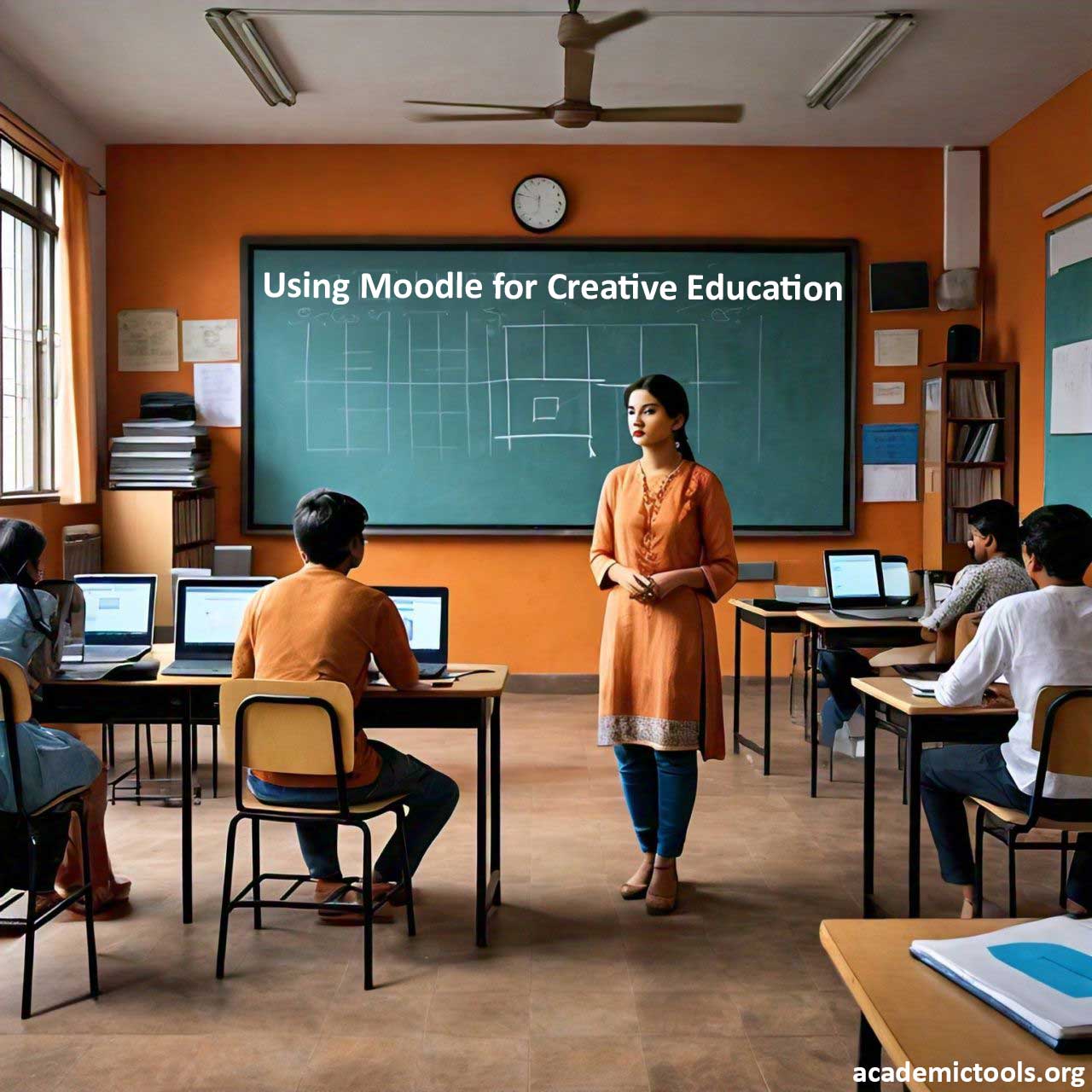 Classroom with students using laptops, teacher presenting ‘Using Moodle for Creative Education’ on blackboard.