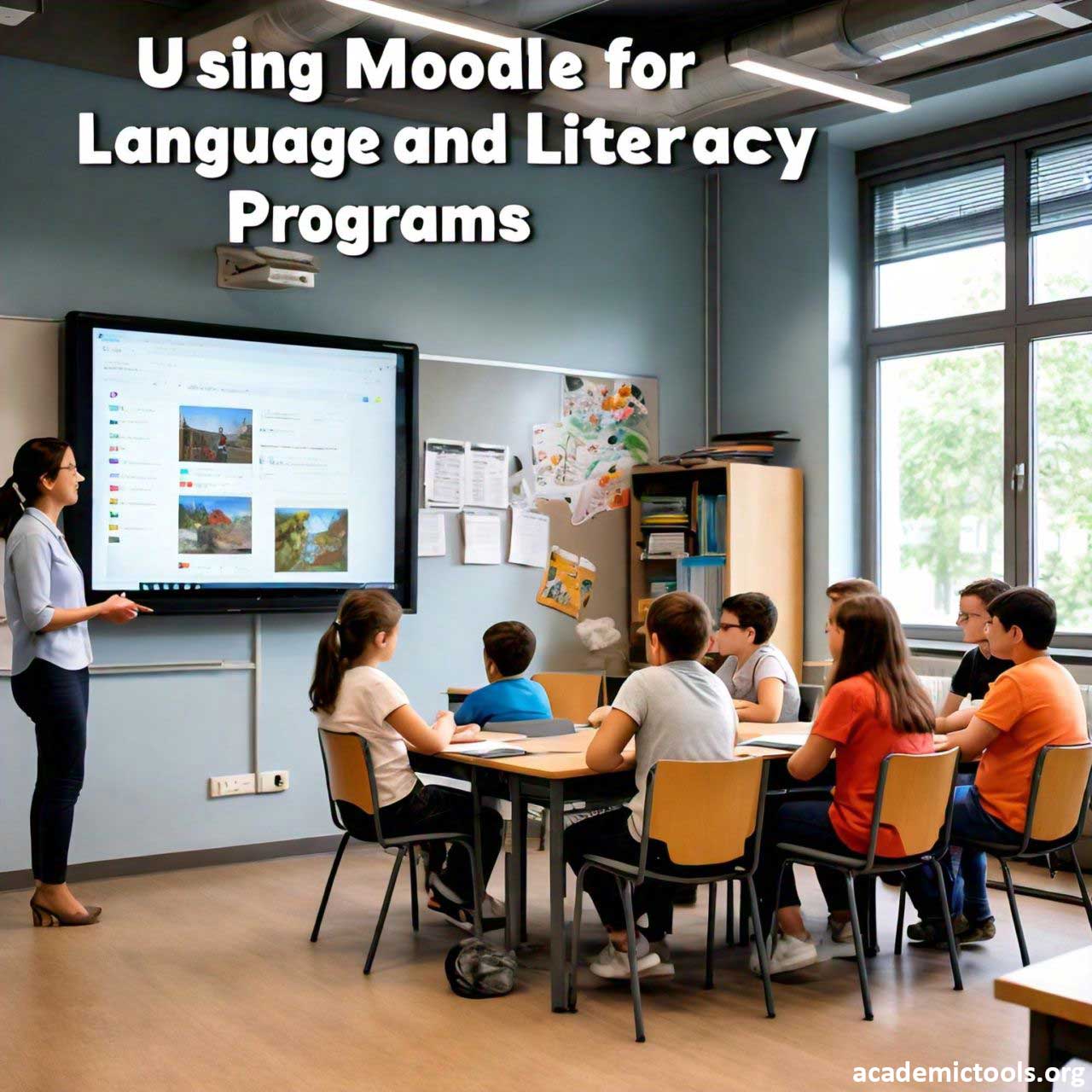 Teacher using Moodle on a digital screen for language and literacy programs in a modern classroom with attentive students.